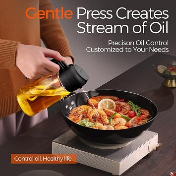 YARRAMATE 2 Pieces Olive Oil Dispenser, 2 in 1 Oil Spray for Cooking, 470ml Glass Green Spray Bottle, Food Grade Dispenser and Spray for Kitchen, Frying, BBQ