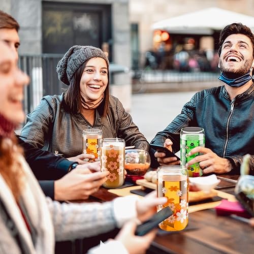 Miniatura 5 de meekoo 8 tazas de vidrio con tapas y pajitas de 16 onzas con forma de lata de cerveza de 16 onzas, taza de café helado, con patrón reutilizable,