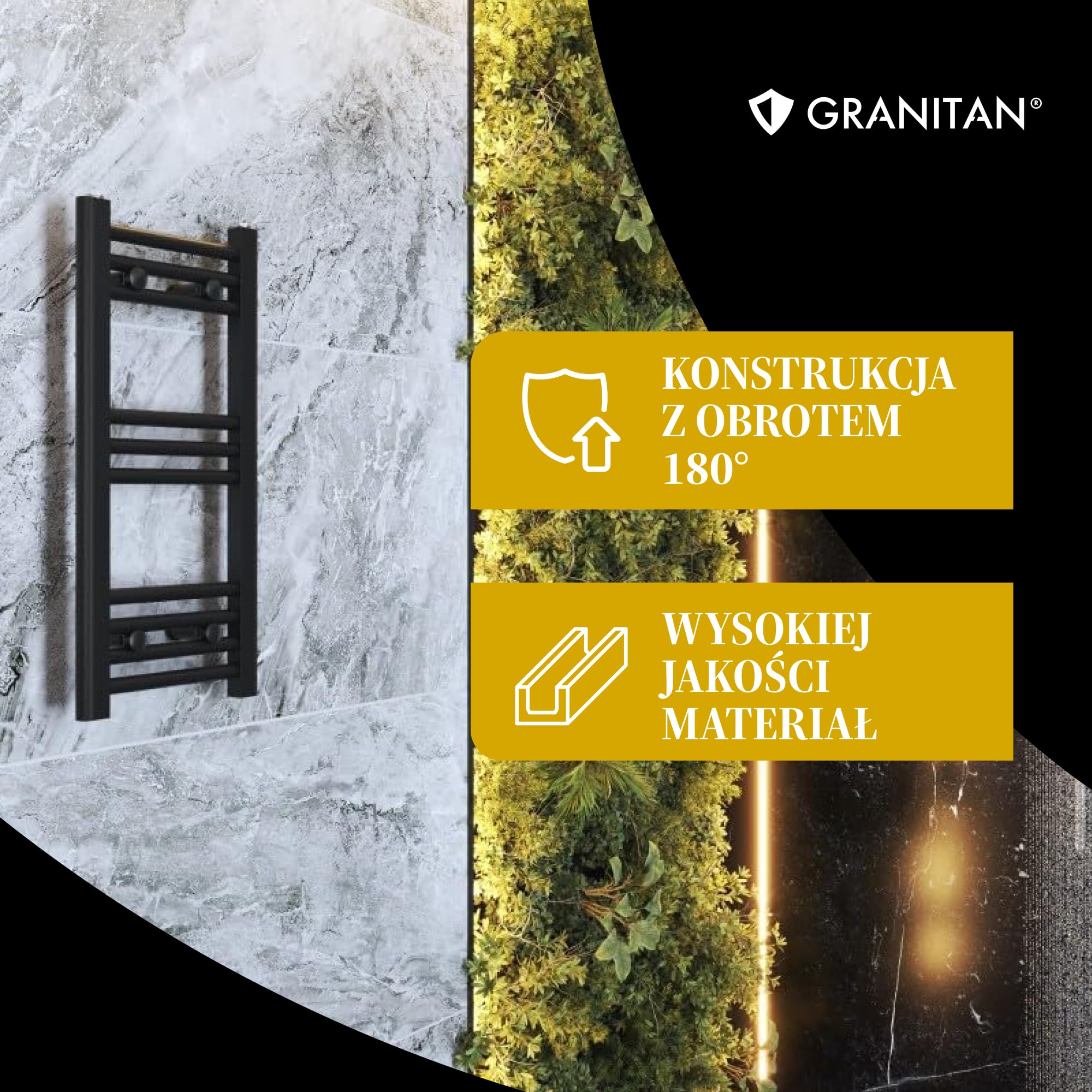 Granitan Grzejnik Łazienkowy BRENO 40x110 cm, Czarny, 369W | Grzejnik Łazienkowy Wodny, Ścienny grzejnik, drabinka do suszenia ręczników, podłączenie do centralnego ogrzewania
