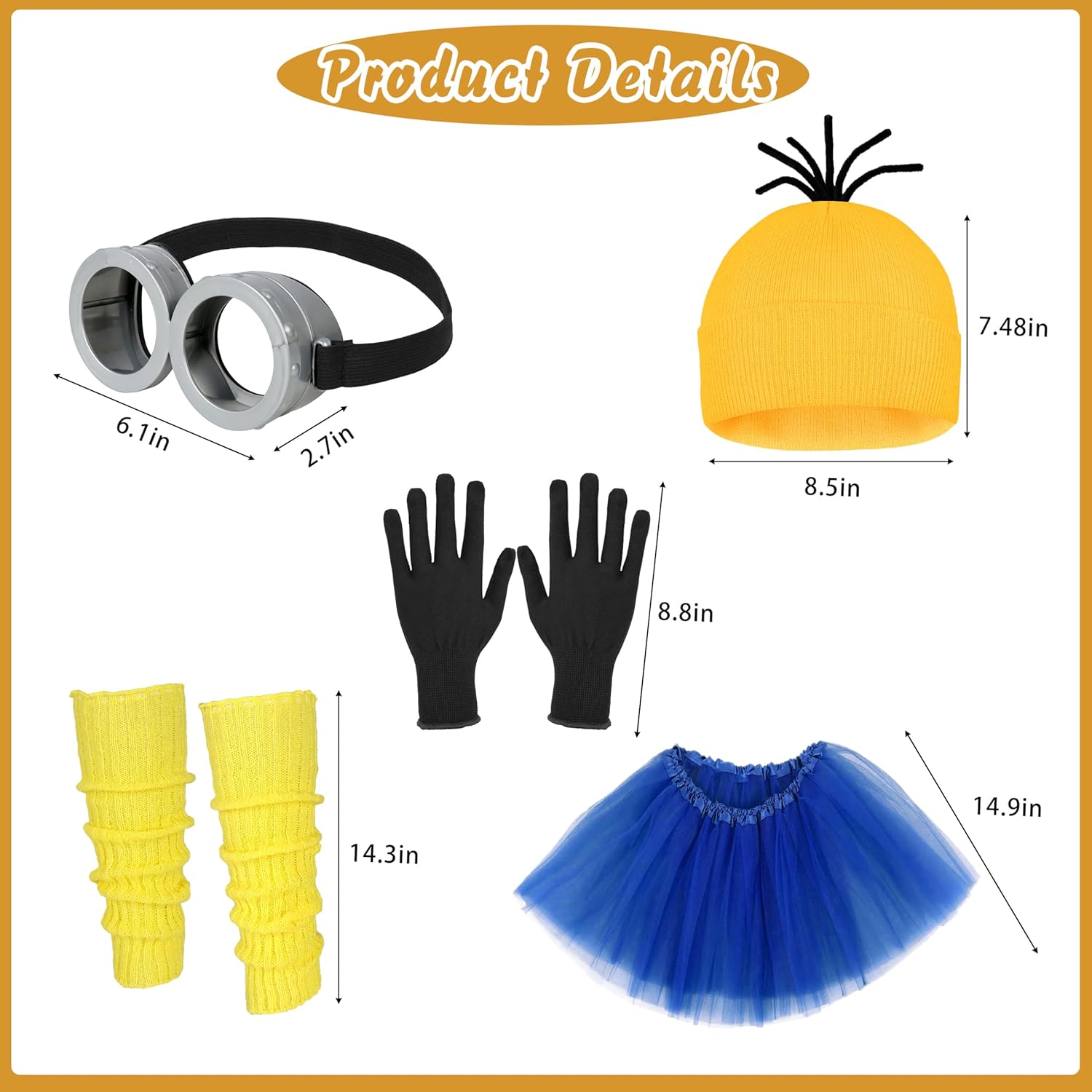 6 Pcs Women's Halloween Costume Accessories Set, Goggles/Yellow Beanie/Blue Dress/Blue Suspenders/Gloves/Yellow Stockings - Image 3