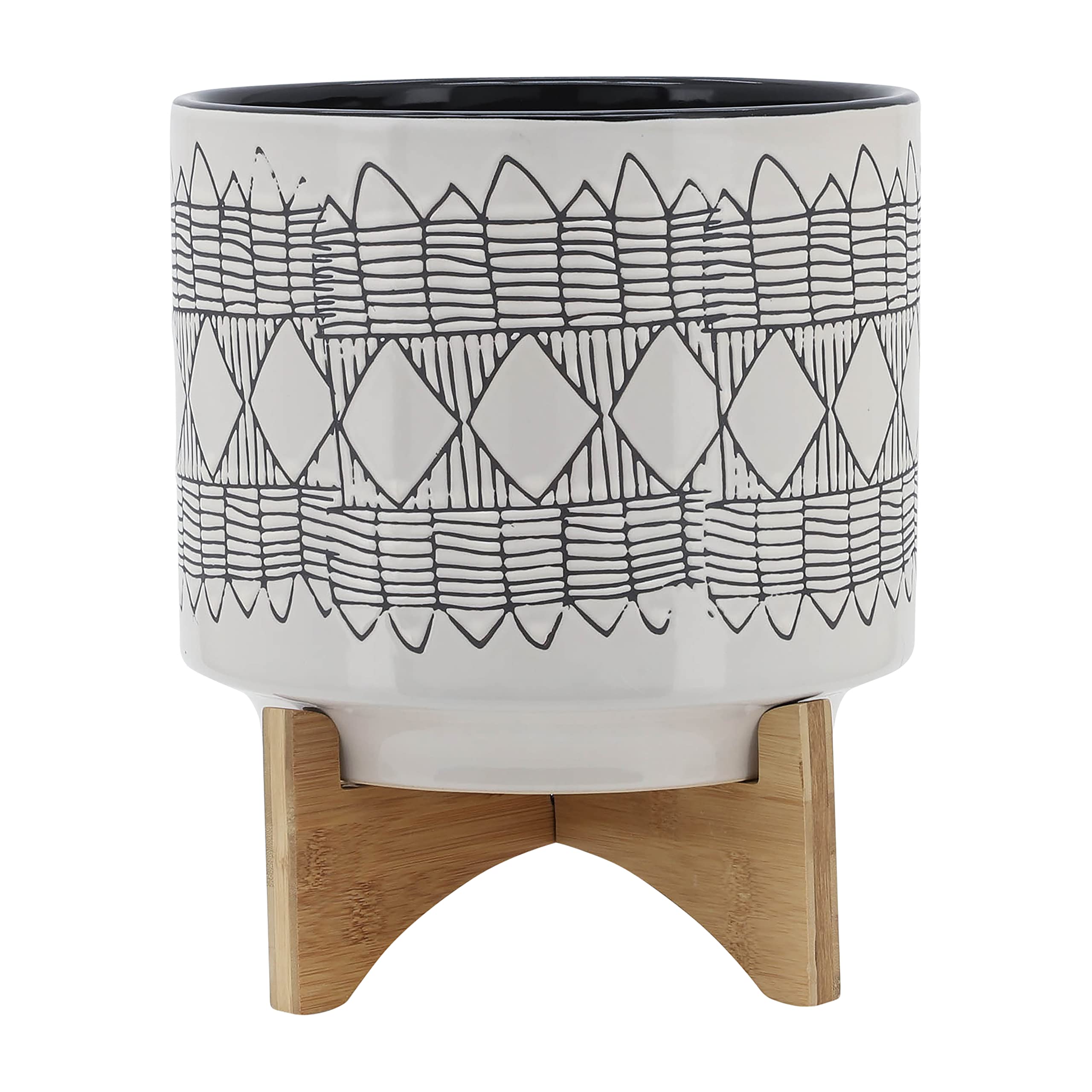 Sagebrook Home Fioriera In Ceramica Con Pois Rilievo Avorio E Supporto In Legno - Vaso Per Piante Decorativo Da 25x30 Cm Per Soggiorno, Camera O Ufficio - 3