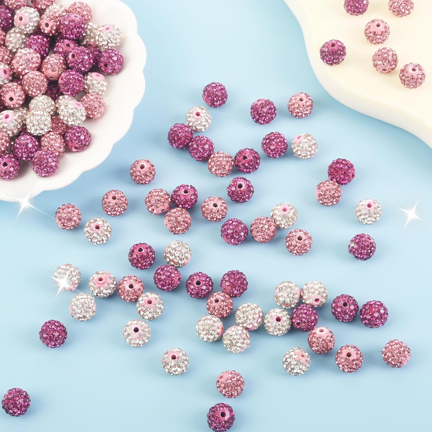 100Pcs Rhinestone Beads 10mm Pink Sparkle Round Shamballa Disco Ball Beads, Shiny Crystal Clay Pave Diamond Rhinestones Bead for Baseball Necklace Bracelet Earring Jewelry Making Party Decoration - Image 4