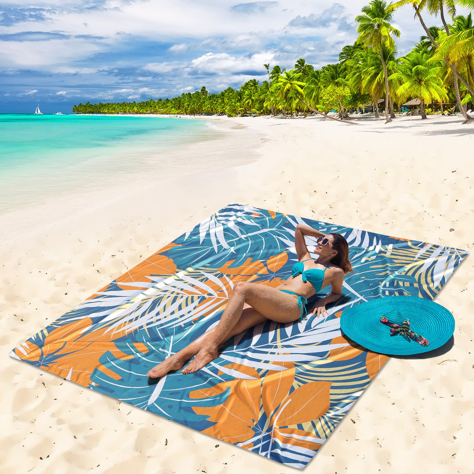 HIHOHO Beach Blanket Waterproof Sandproof Beach Mat For 1-8 Adults Quick Drying Durable Outdoor Picnic Mat For Beach Festival Travel Camping Hiking ( Gradiant BL&GN-Ripple, 79"×108"(6 Person - View #10