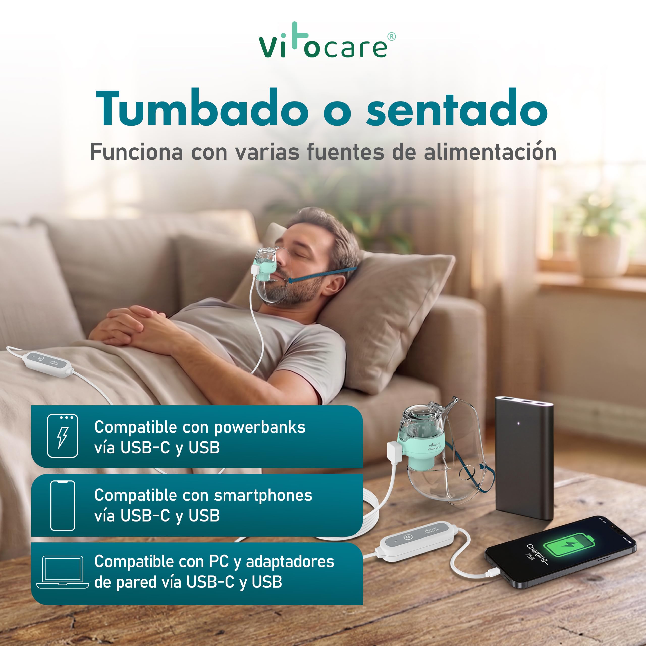 Nebulizador para adultos y niños – vitocare VITOAIR Go 2.0, inhalador ultraligero con 2 tamaños de mascarilla, USB-C y USB, portátil