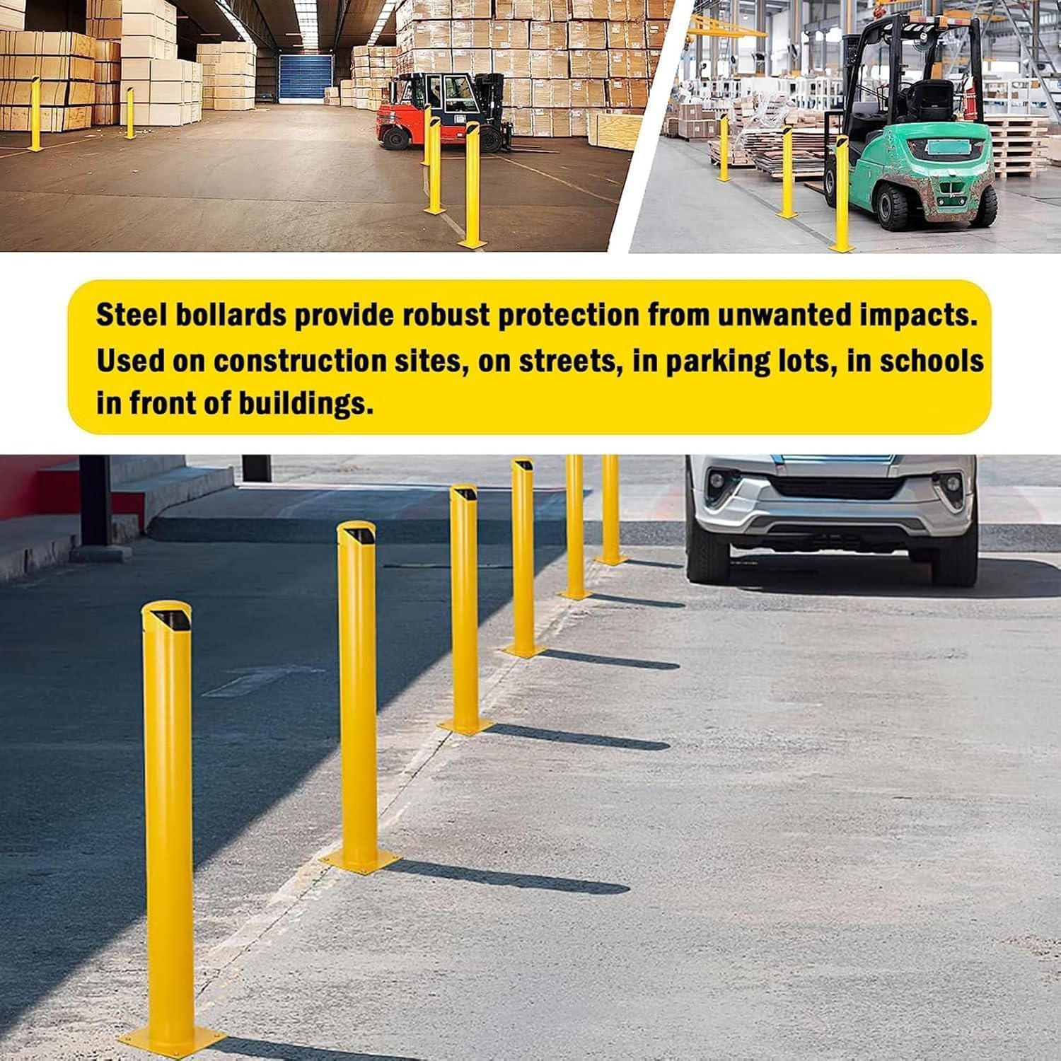 Safety Bollard Post, 42" H Steel Bollards, 4.5" D Parking Bollard, Yellow Powder Coated Safety Parking Barrier Post, for Traffic Sensitive Areas (3, 42" H*4.5" D)