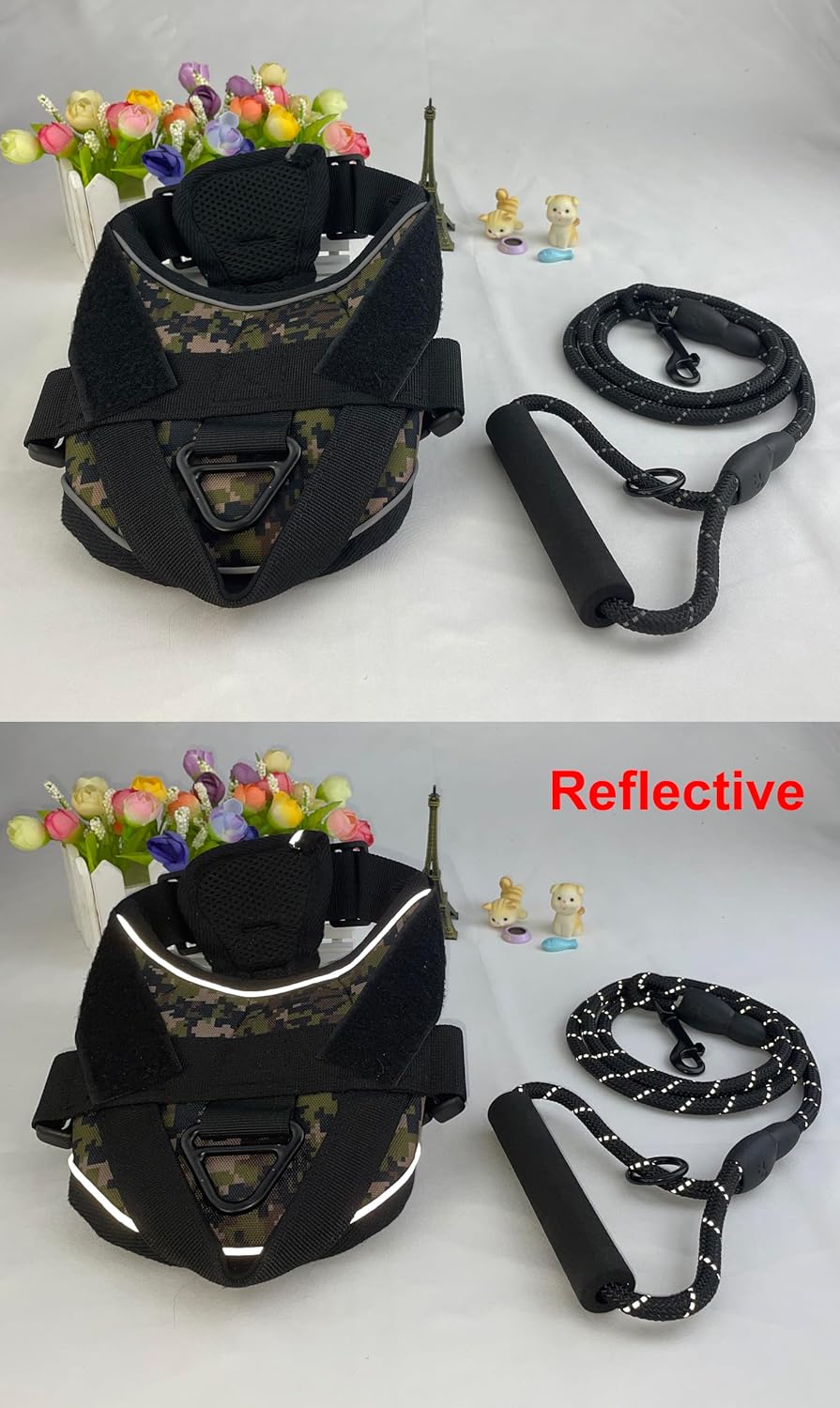 2 Pieces Reflective Dog Harness and Leash Set Comfortable Mesh Lining with Handle - Green Camouflage - S