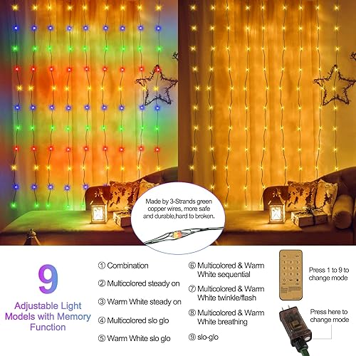 Miniatura 2 de Guirnalda de luces de Navidad para interiores y exteriores, 300 LED, color blanco cálido, multicolor, 99 pies, cable verde, regulable con control