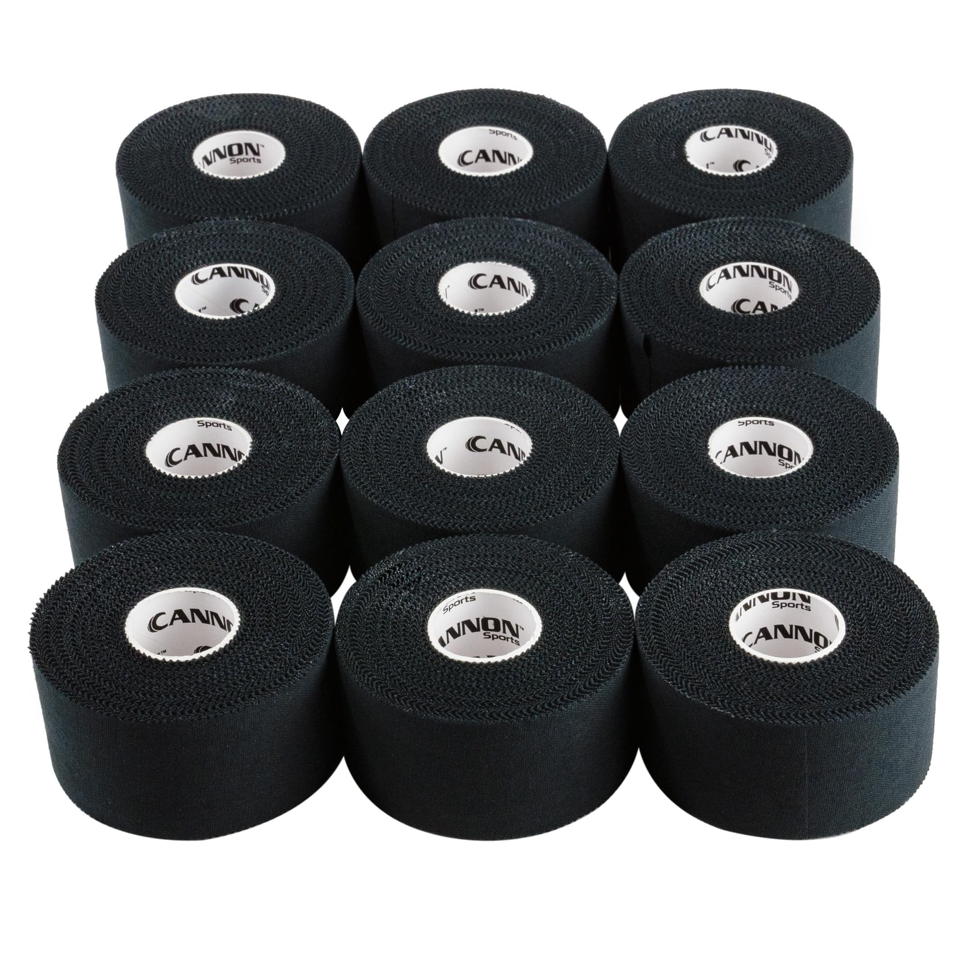 Cannon Sports Premium Athletic Tape - 1.5” x 45 Feet Per Roll - Easy Tear, No Sticky Residue, Very Strong, Hypoallergenic and Latex Free Sports Tape for Athletes and Trainers – Bulk 12 Pack (Black)