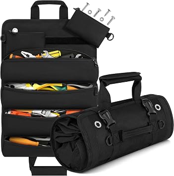 ANILD 13 Inch Roll Up Tool Bag Organizer, Heavy Duty Portable Tool Roll Organizer Bag with 2 Detachable Pouches, Fathers Day Gift, Gifts for Men, Electrician, Mechanic & Hobbyist Black, Regular