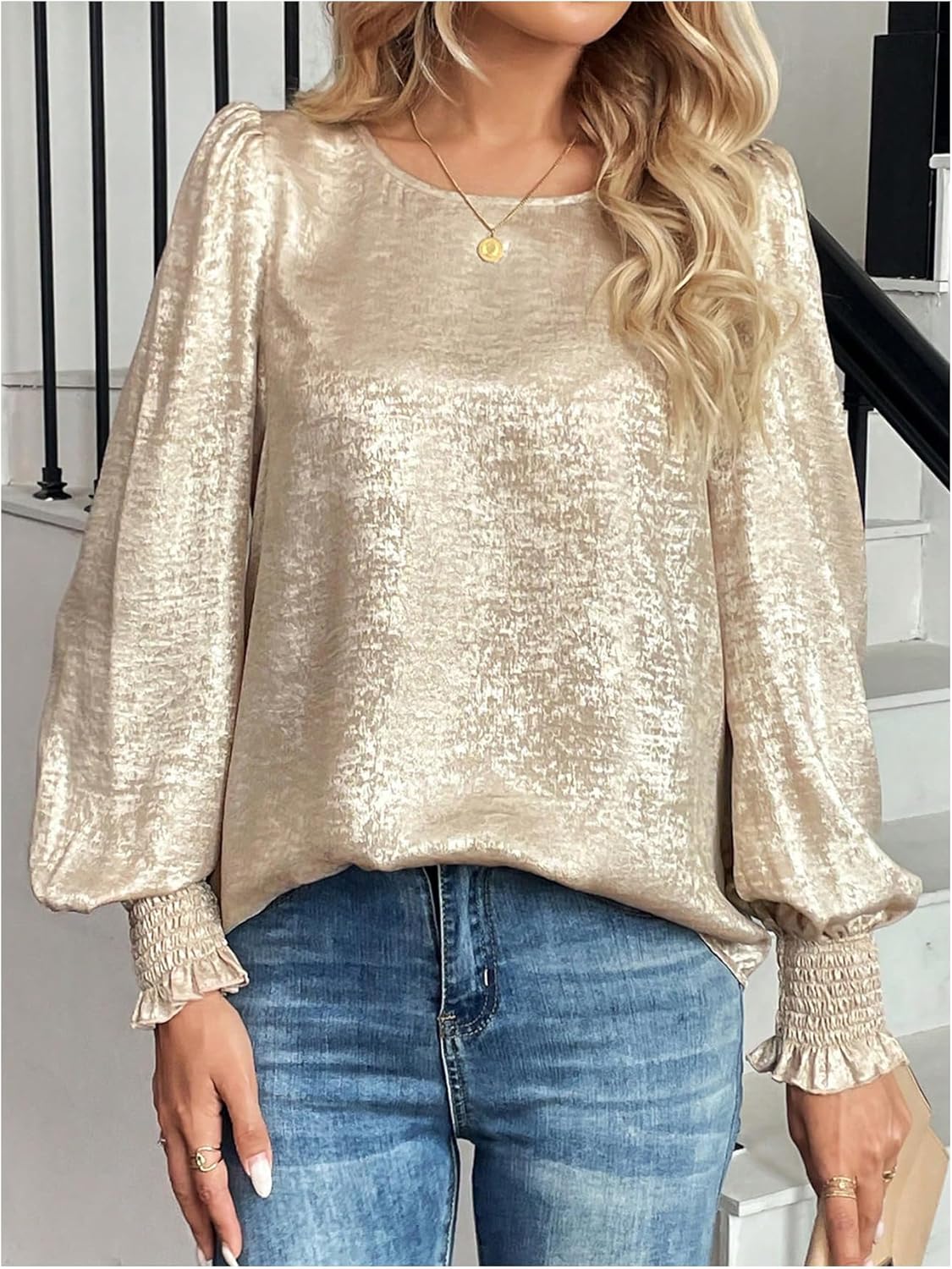 SOLY HUX Women's Lantern Long Sleeve Blouse Crew Neck Shirred Dressy Casual Business Work Shirt Tops - Image 4