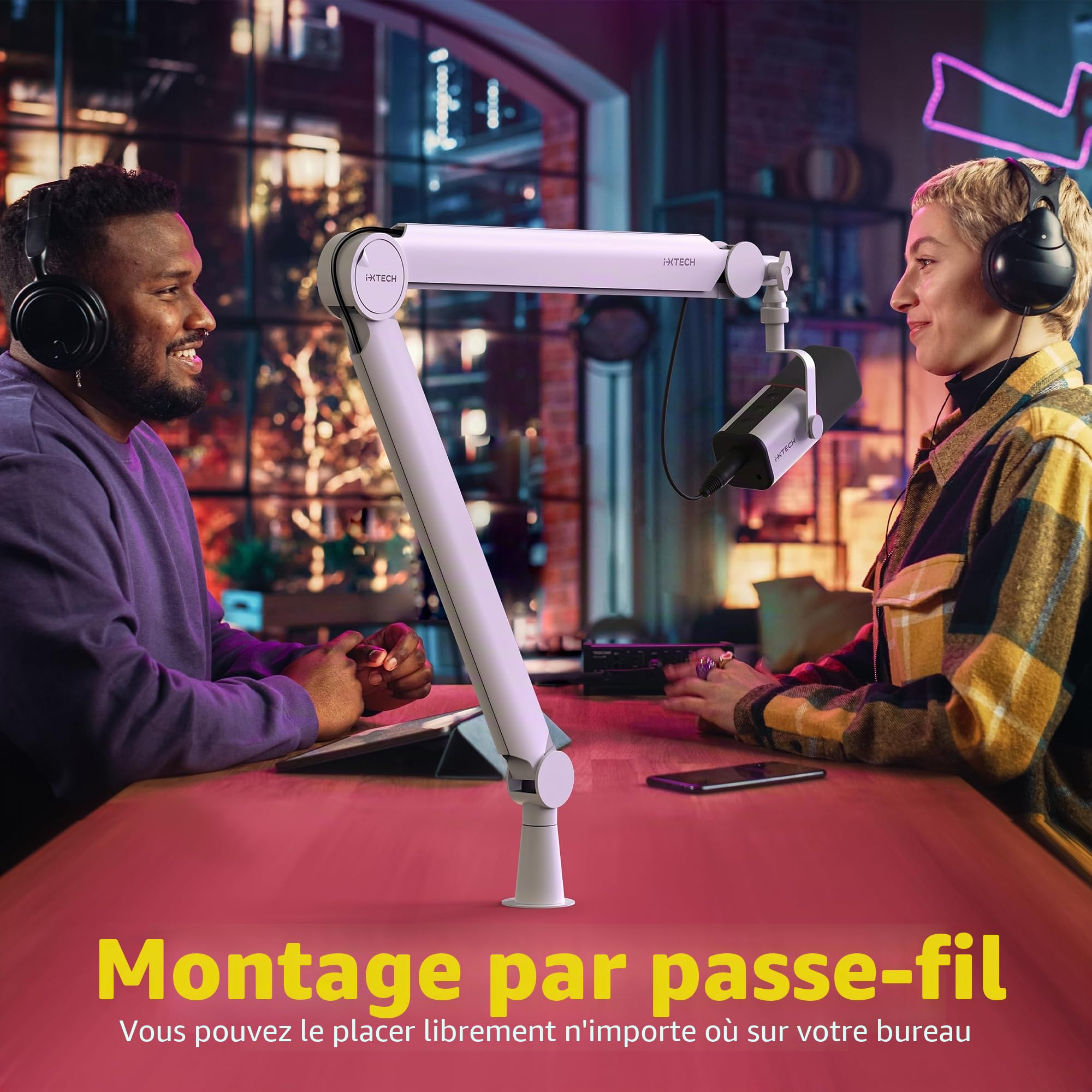 IXTECH Bras de microphone blanc premium, bras de perche rotatif à 360° avec support de bureau, entièrement réglable, robuste et universel, modèle VALIANT WHITE