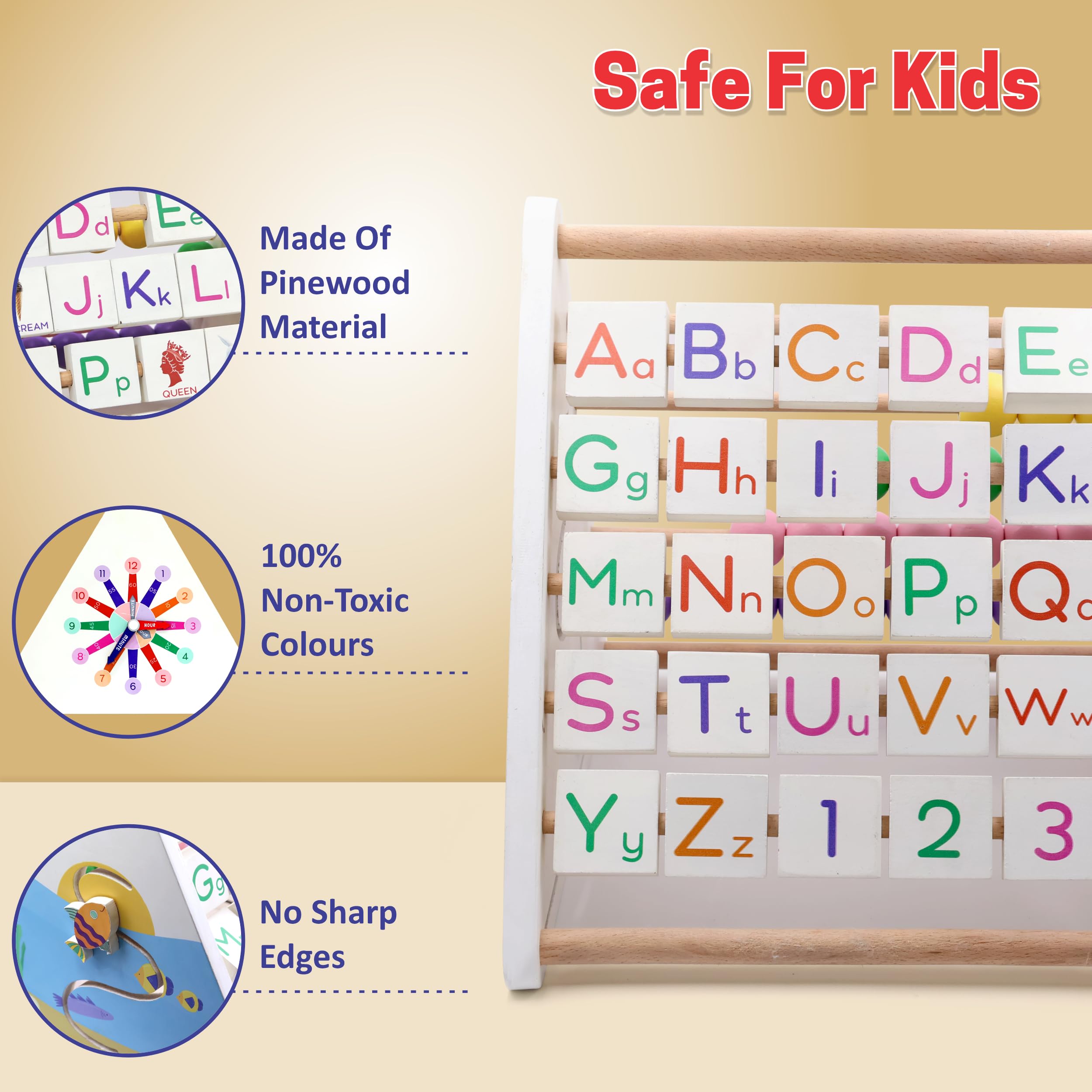 Chanak 5-in-1 Wooden Activity Triangle, Smart Educational Toy, Fun Early Learning Alphabets, Abacus Counting, Writing Board With Wipe & Clean Marker, Clock Learning & Sliding Fish For Kid 1 Year Above - Image 7 thumbnail