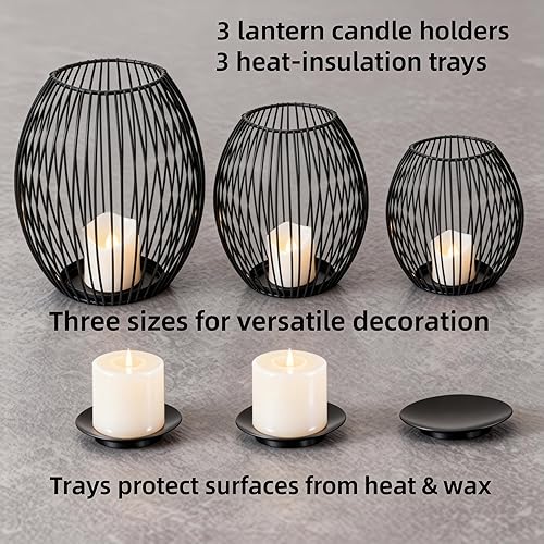 Miniatura 7 de Juego de 3 portavelas negro  Moderno portavelas de alambre de metal negro para velas de pilar, faroles decorativos de jaula redonda para mesa,