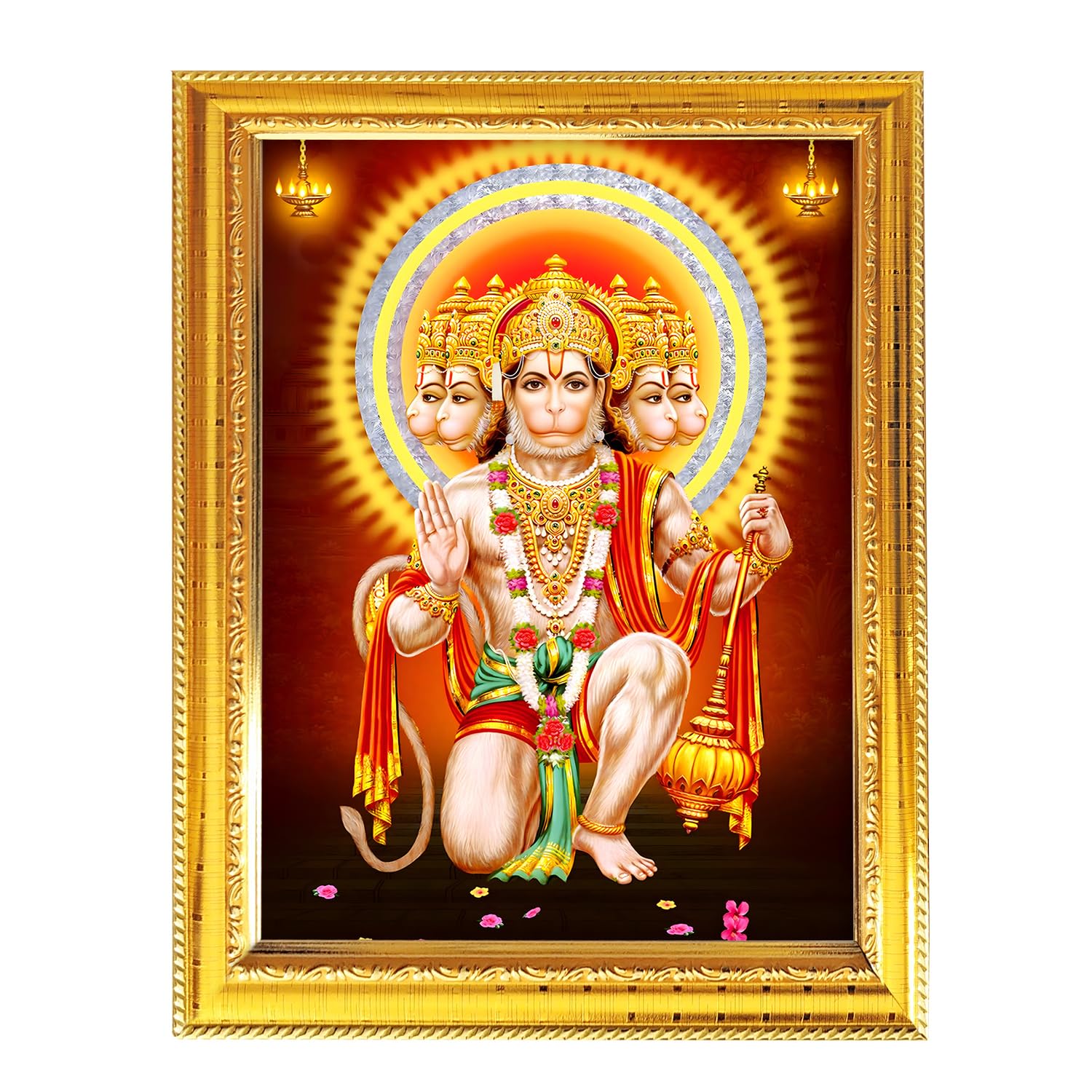 Fashnkart Panchmukhi Hanuman-1 Panchmukhi Hanuman Elegant Hindu God Golden Photo Frame Decorative Frame For Divine Images & Religious Art, Perfect For Home & Office 8.3X6.5