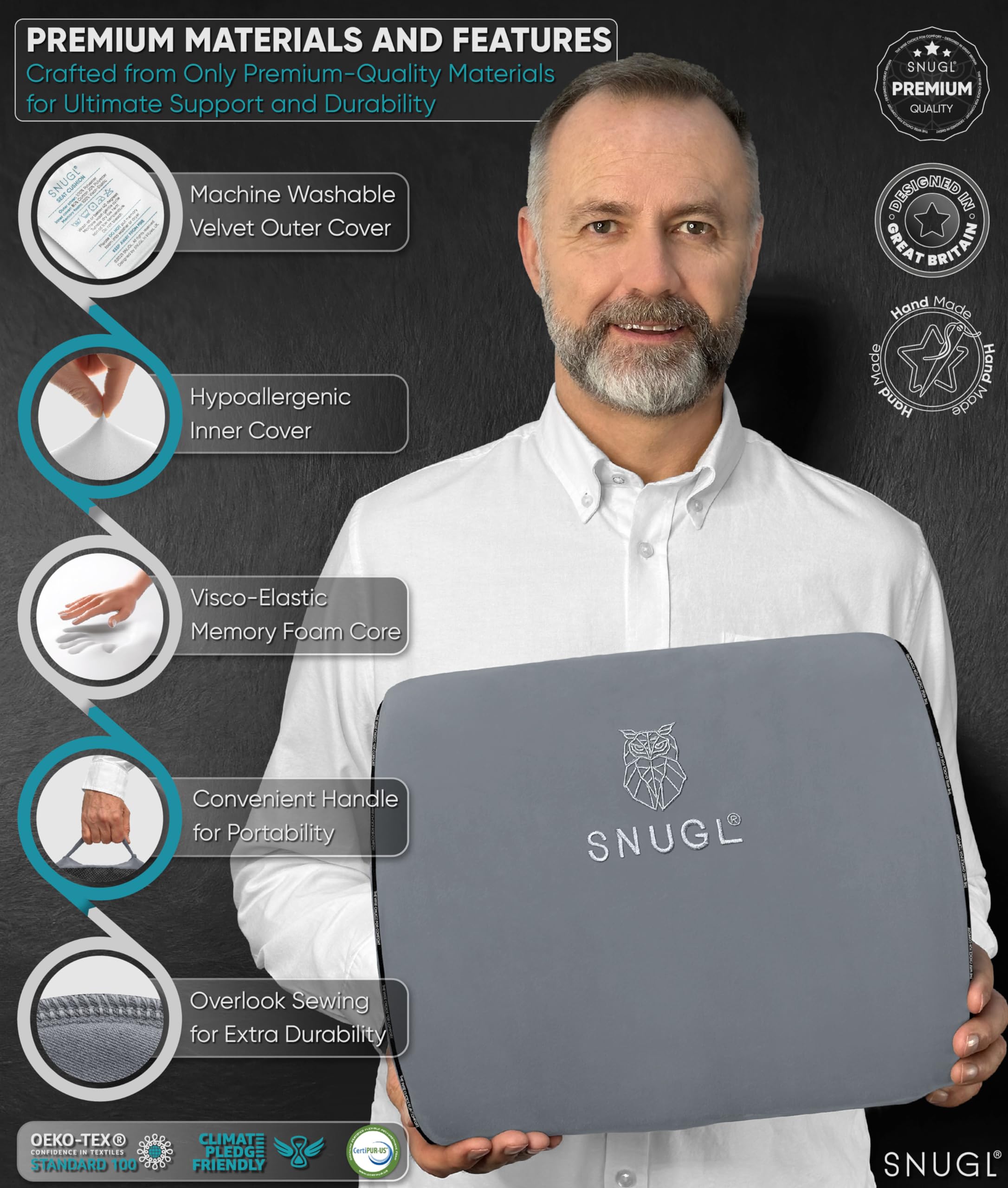 SNUGL Cuscino Lombare Supporto Schiena per Sedia da Ufficio | Cuscino Ortopedico in Memory Foam | Correttore Postura Uomo Donna | Cuscino Sedile Auto | Accessorio Ergonomico per Ufficio