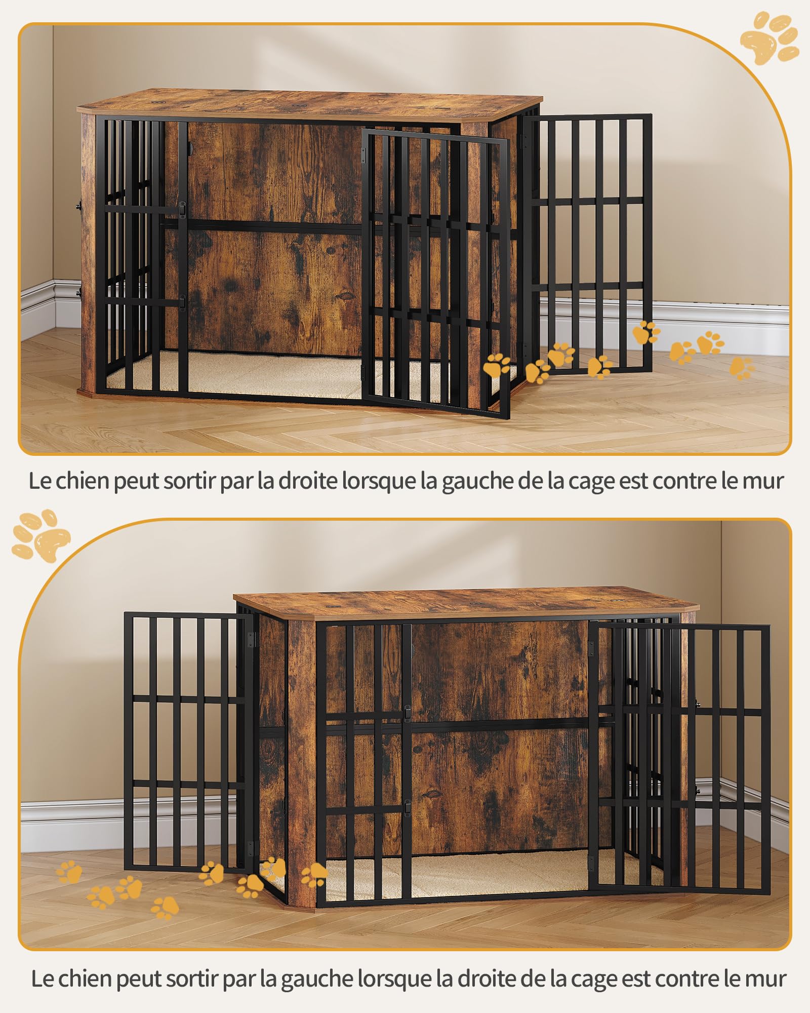 Hzuaneri Cage pour Chien, Heavy Cage en Bois avec Porte d'alimentation Supérieure, Design Multi-Portes, Grande Table d'appoint pour Cages pour Chien, 120 x 75 x 81 cm, Marron Rustique DFC86801B