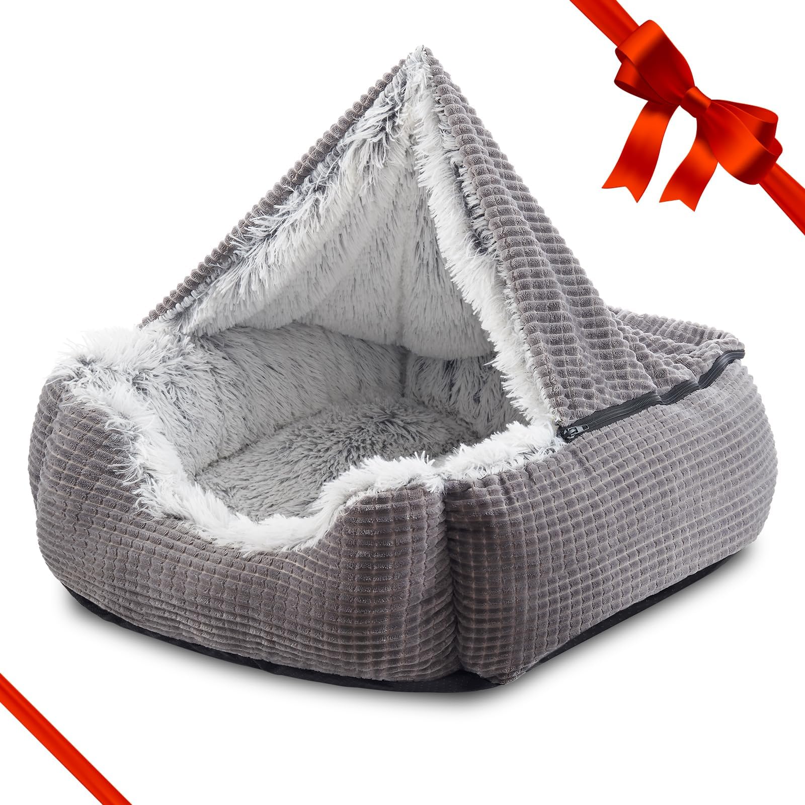 MIXJOY Dog Beds for Large Medium Small Dogs, Rectangle Cave Hooded Blanket Puppy Bed, Luxury Anti-Anxiety Orthopedic Cat Beds for Indoor Cats, Warmth and Machine Washable (20 inches, Grey)