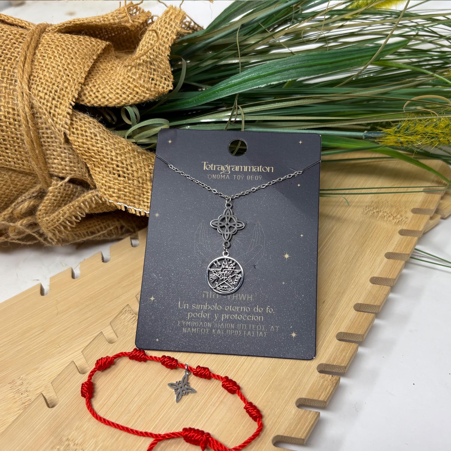 Cotigo- Collar para Mujer Nudo de bruja y tetragramaton amuleto de suerte y proteccion, doble proteccion, ojo turco, piedras de chakras.