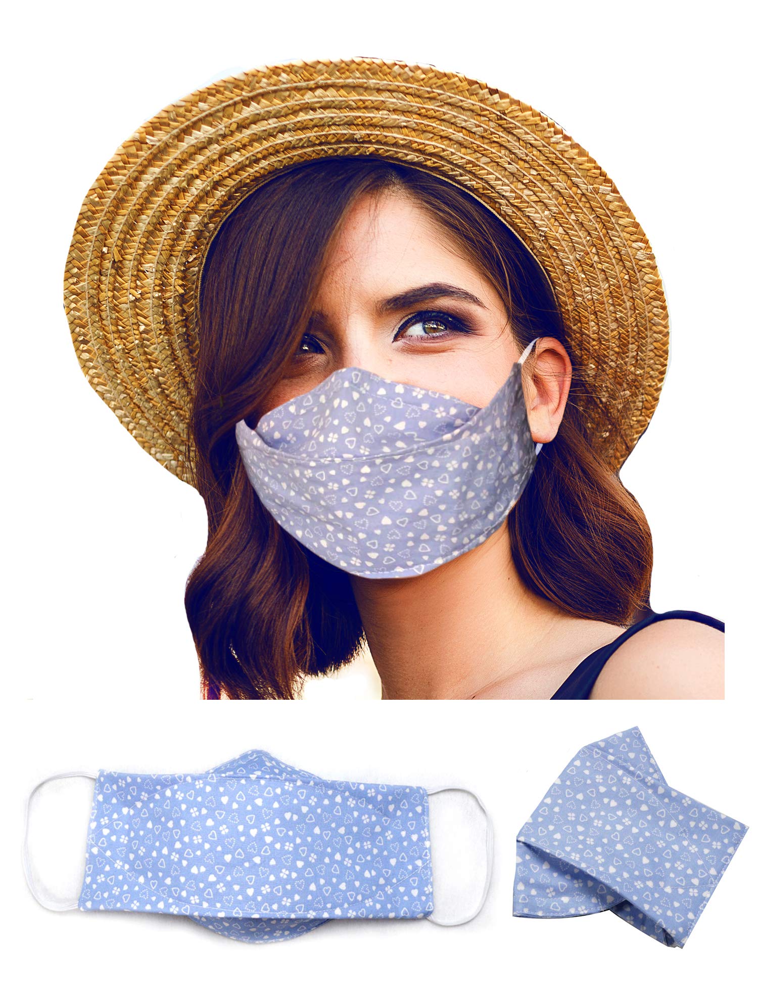 Sunne Tropical Handmade Teen Boys Girls & Petite Cloth Face Mask - Reusable Washable Masks Nose Wire - 100% Cotton High Density 220 Thread count - Blue Hearts