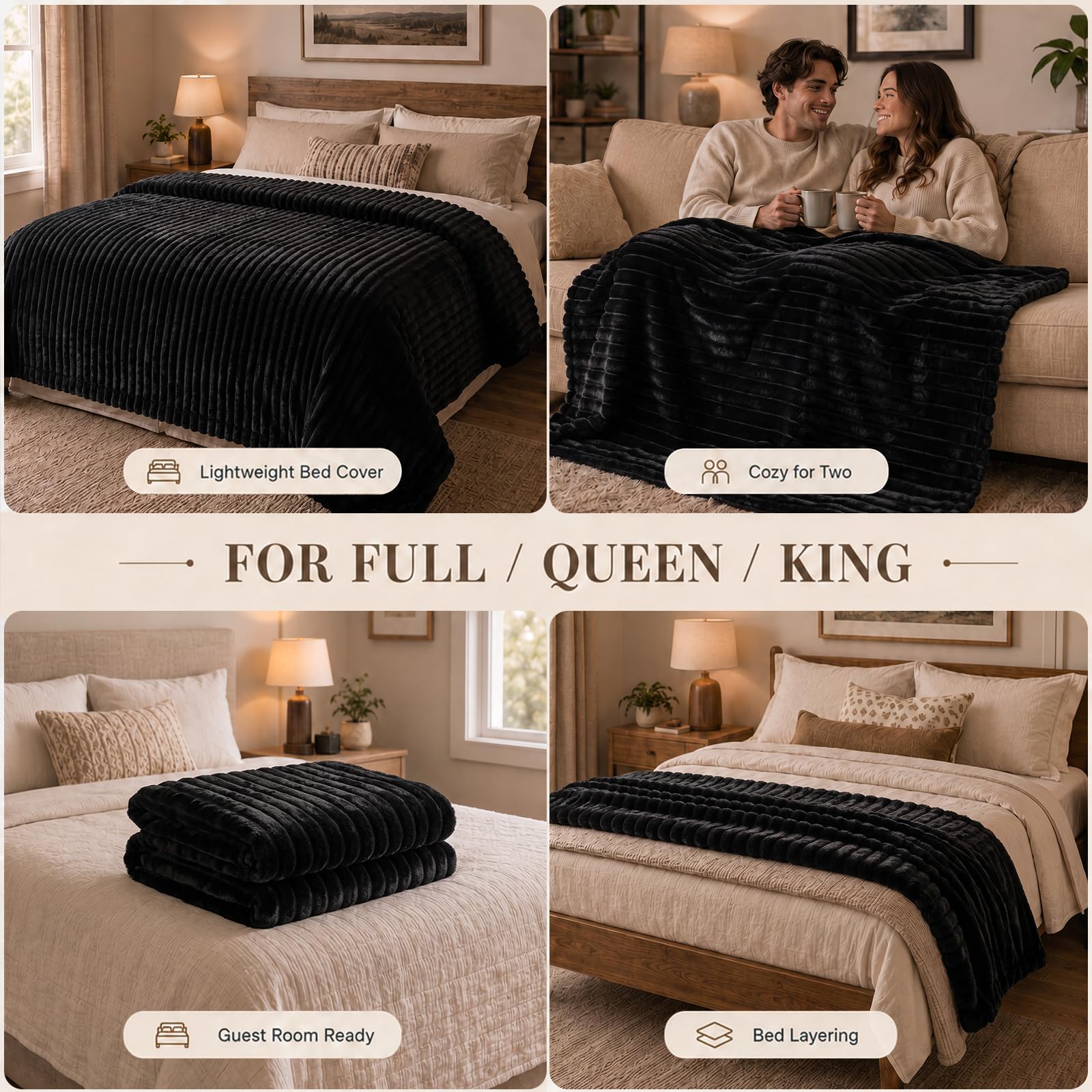HIMEET Black Full Size Blanket for Bed, 300GSM Ribbed Fleece, 84 x 90 in view 4