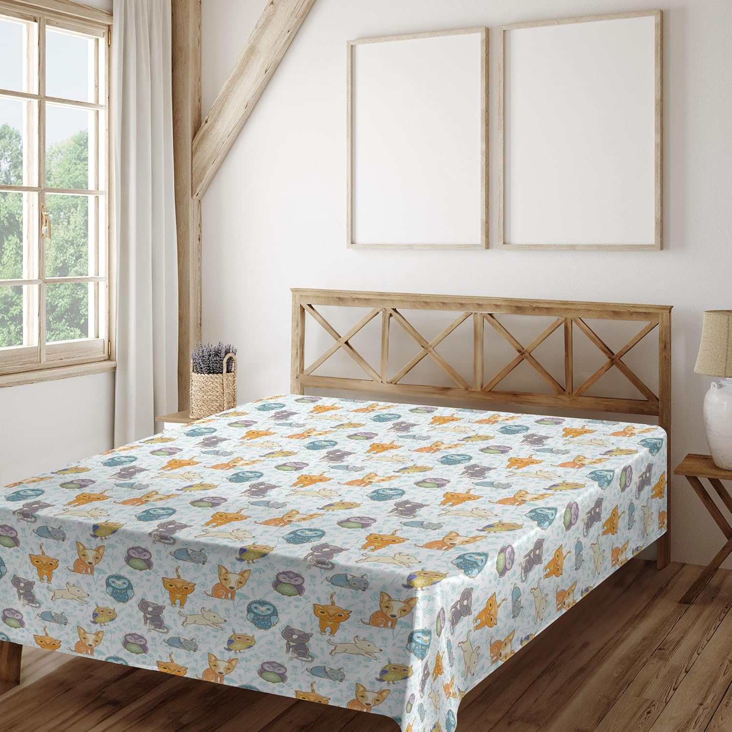 Ambesonne Cartoon Flat Sheet, Demonstration of Animals Kitten Puppy Fox Owls Fun Times Floral Background, Soft and Comfortable Top Sheet Decorative Bedding 1 Piece, Full Size, Multicolor