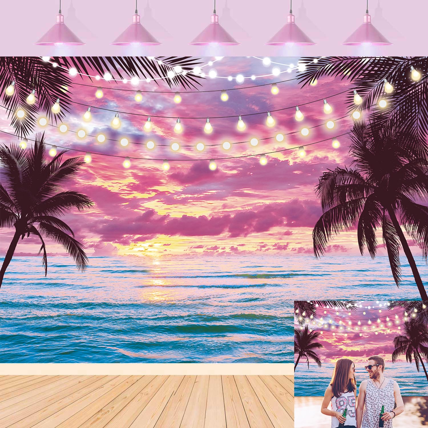 Summer Beach Sunset Backdrop Hawaiian Tropical Palm Trees Seaside Pink Sky Photography Background Sunset Ocean Wedding Baby Shower Birthday Luau Party