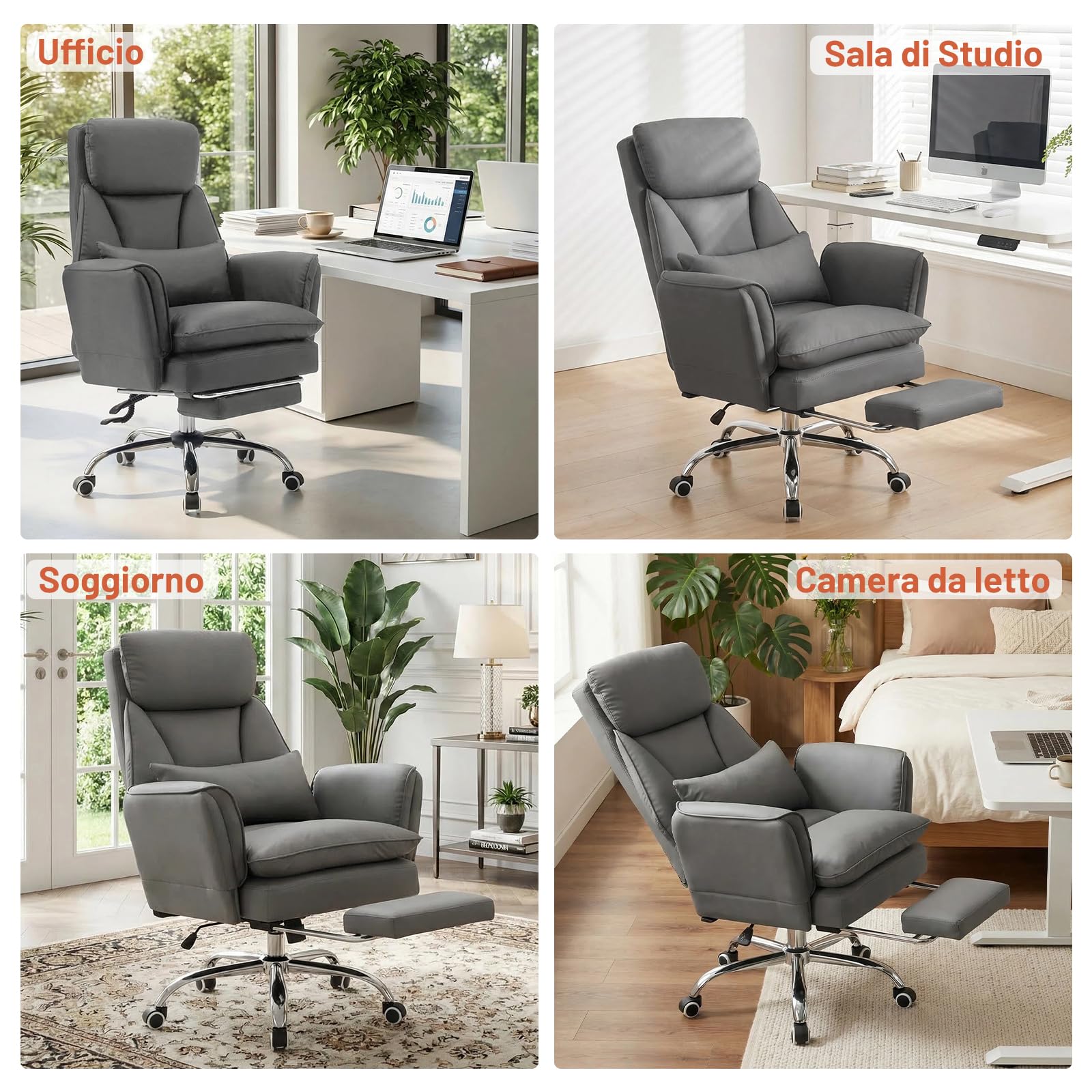 Sedia da Ufficio con Braccioli Regolabili a 5 Livelli, Poltrona Ufficio Ergonomica con Poggiapiedi, Sedia da Gioco in Pelle PU con Altezza Regolabile e Schienale Reclinabile 200kg, Grigio