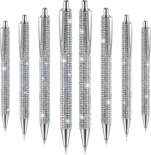 Jeyiour 8 bolígrafos de diamantes de imitación para boda, diamantes de imitación de metal plateado, bolígrafo retráctil de tinta negra de cristal