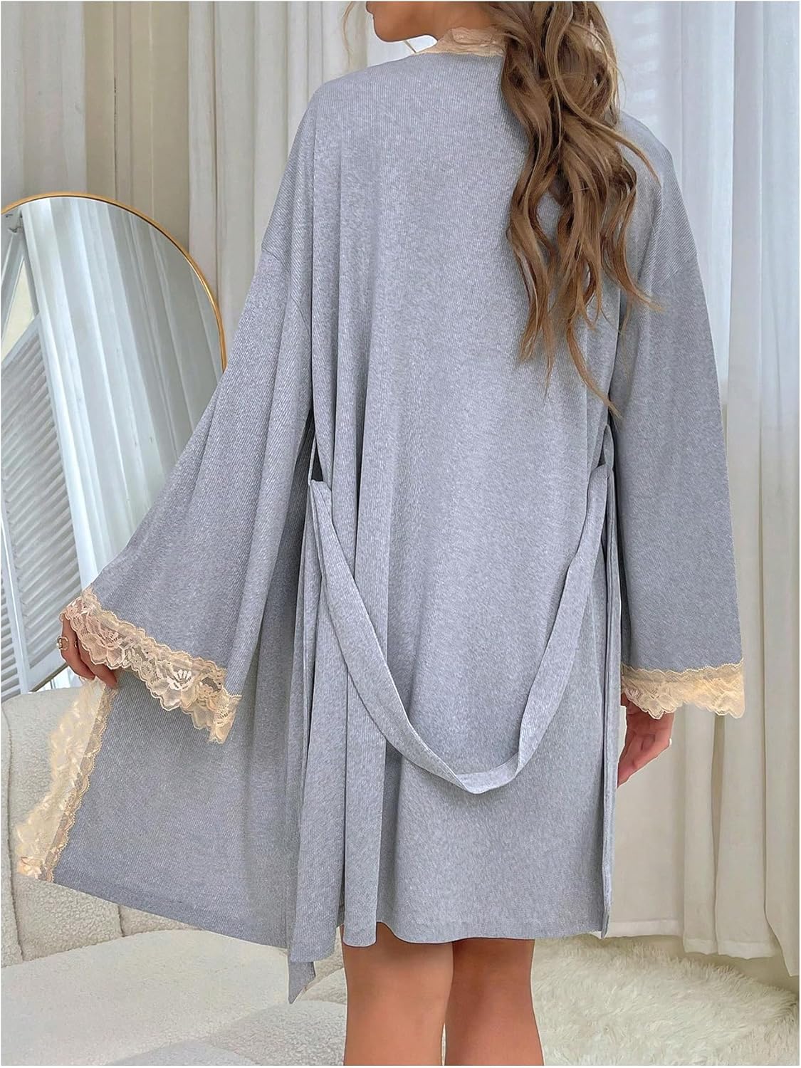 OYOANGLE Women's 2 Piece Robe Set Lace Trim Cami Nightgown and Long Sleeve Kimono Pajama Sets - Image 2