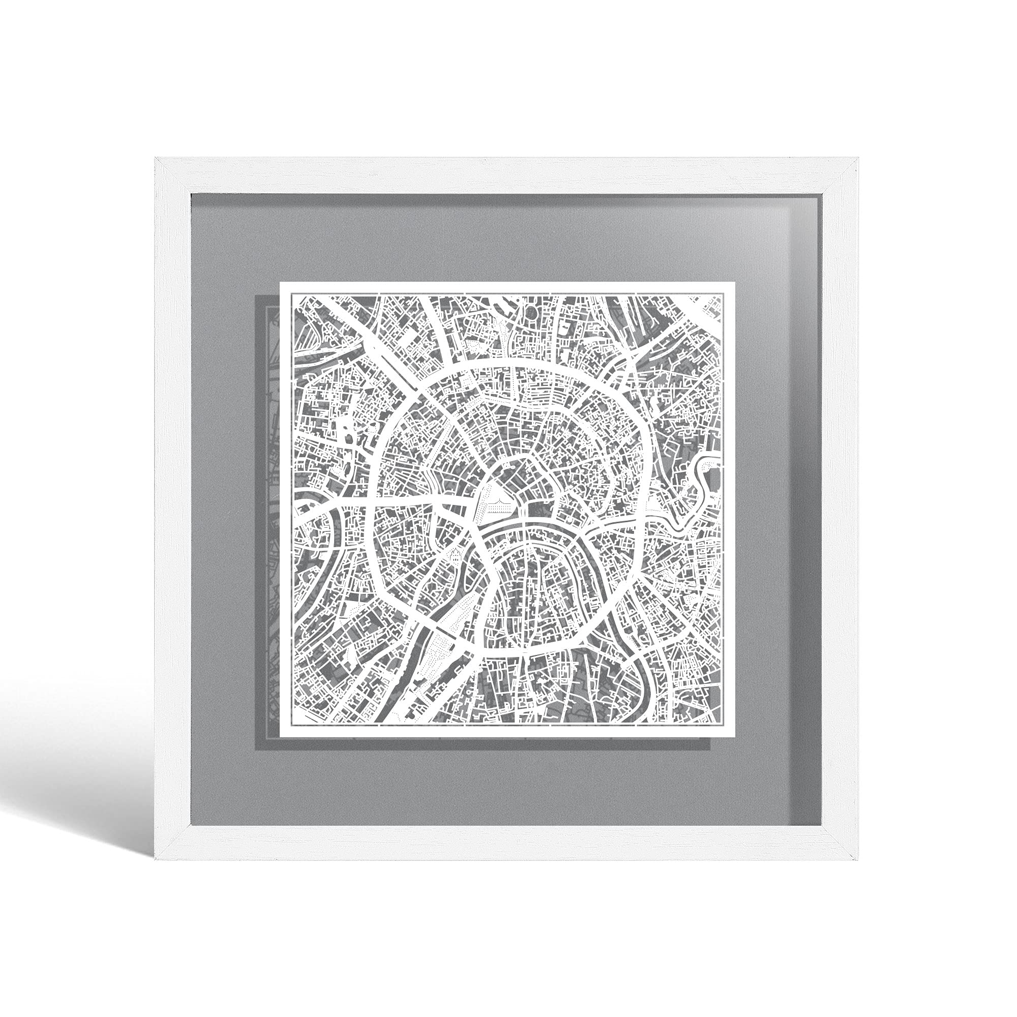 O3 DESIGN STUDIO Moscow Paper Cut Map framed, White map, White frame, 23x23 cm, Gift Boxed, 4 background color, self-changing, Paper Art