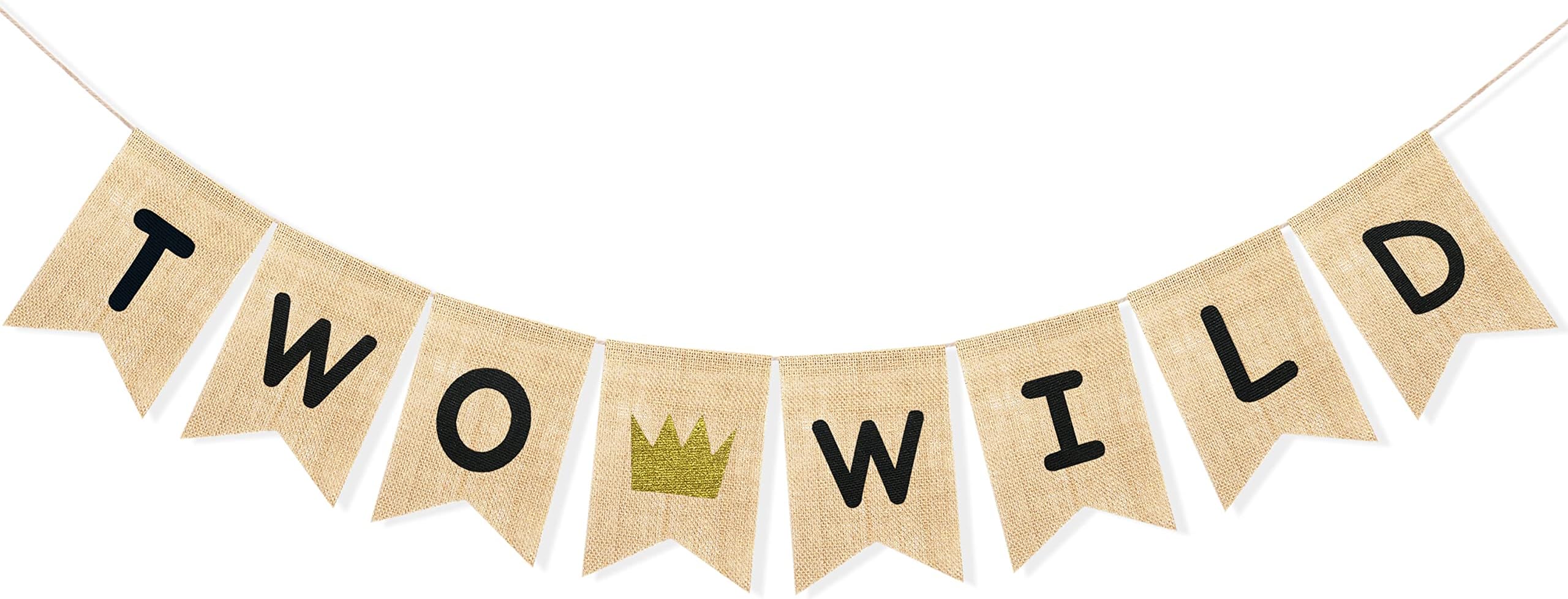 Uniwish Two Wild Banner Baby Boy Girl 2nd Birthday Party Decorations Garland Jungle Theme Party Supplies Rustic Two Years Old Birthday Sign with Glitter Crown