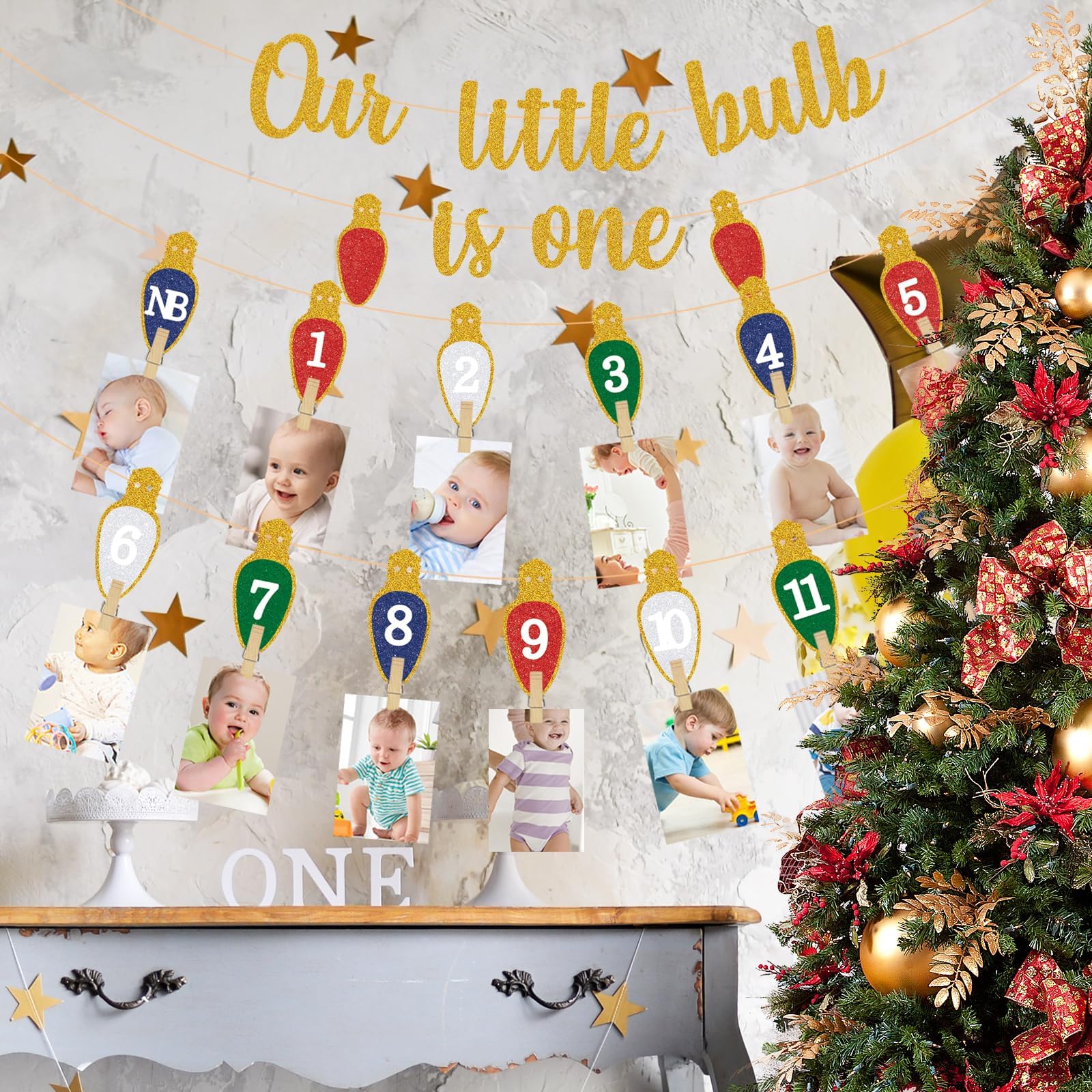 Weihnachts-Leuchtmittel zum 1. Geburtstag, Foto-Banner – Meilenstein-Foto-Girlande für Neugeborene bis 12 Monate – Partyzubehör für Jungen oder Mädchen