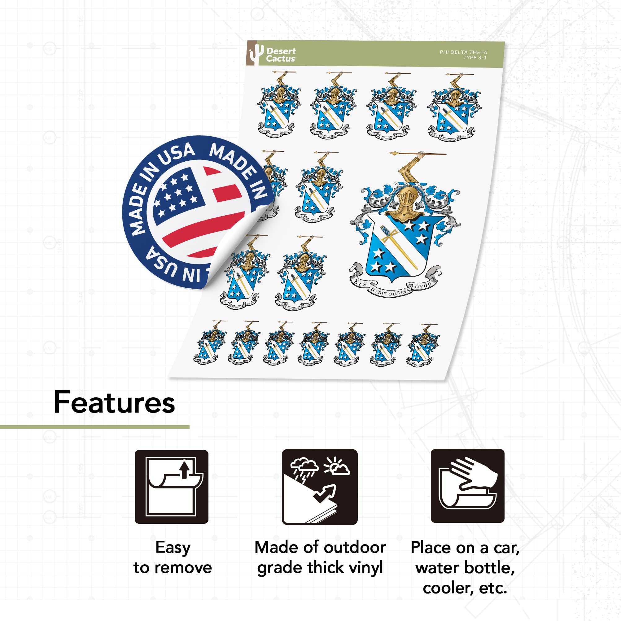 Desert Cactus Phi Delta Theta Sticker Sheet - Officially Licensed Fraternity Decals For Laptop, Water Bottle, Car - View #7
