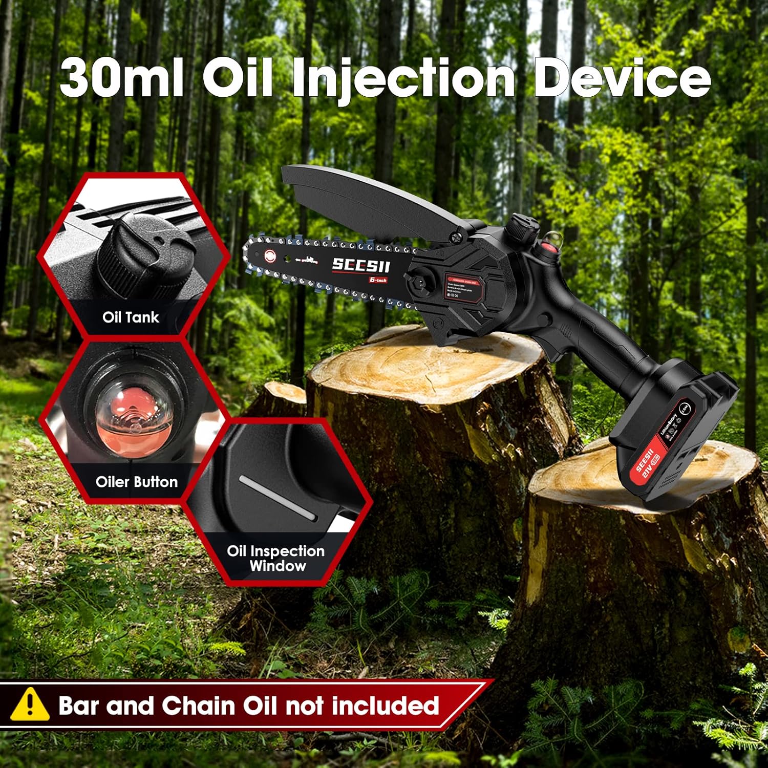 Close-up of the Seesii Mini Chainsaw showing the safety lock, anti-splash baffle, and proper cutting technique to avoid kickback.