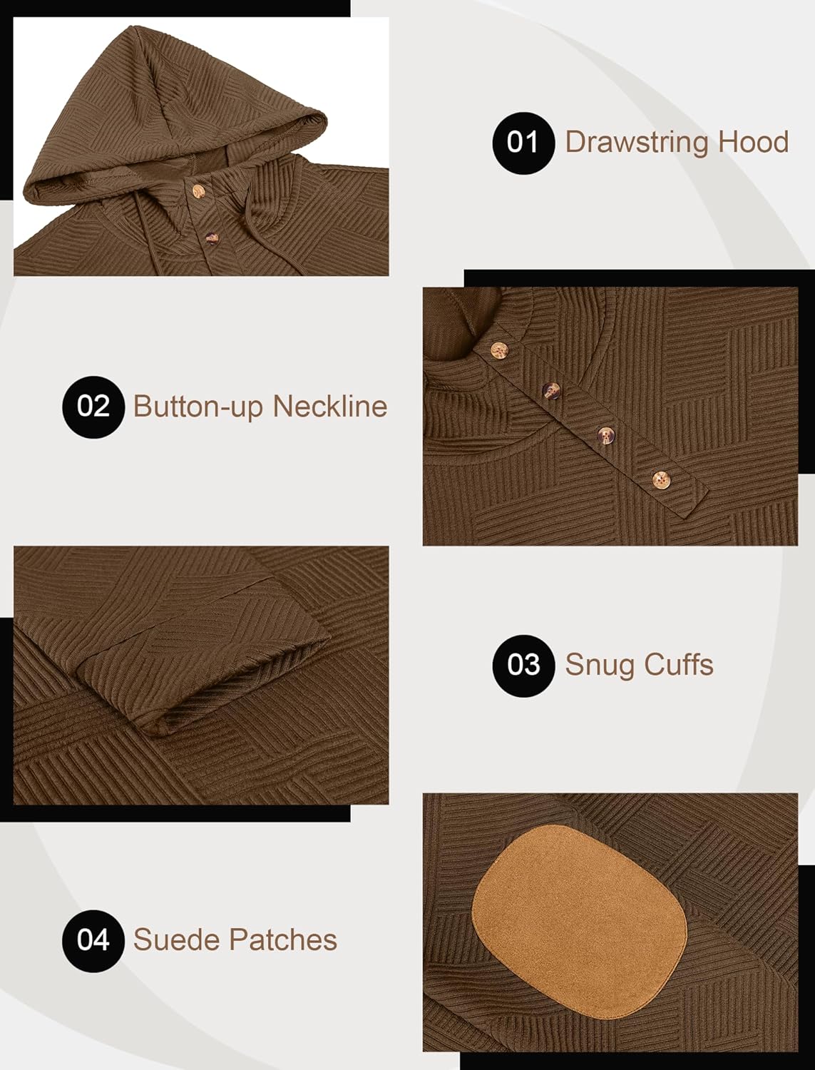 Vssjavun Mens Pullover Hoodie Casual Textured Long Sleeve Half Button Hooded Sweatshirt Brown