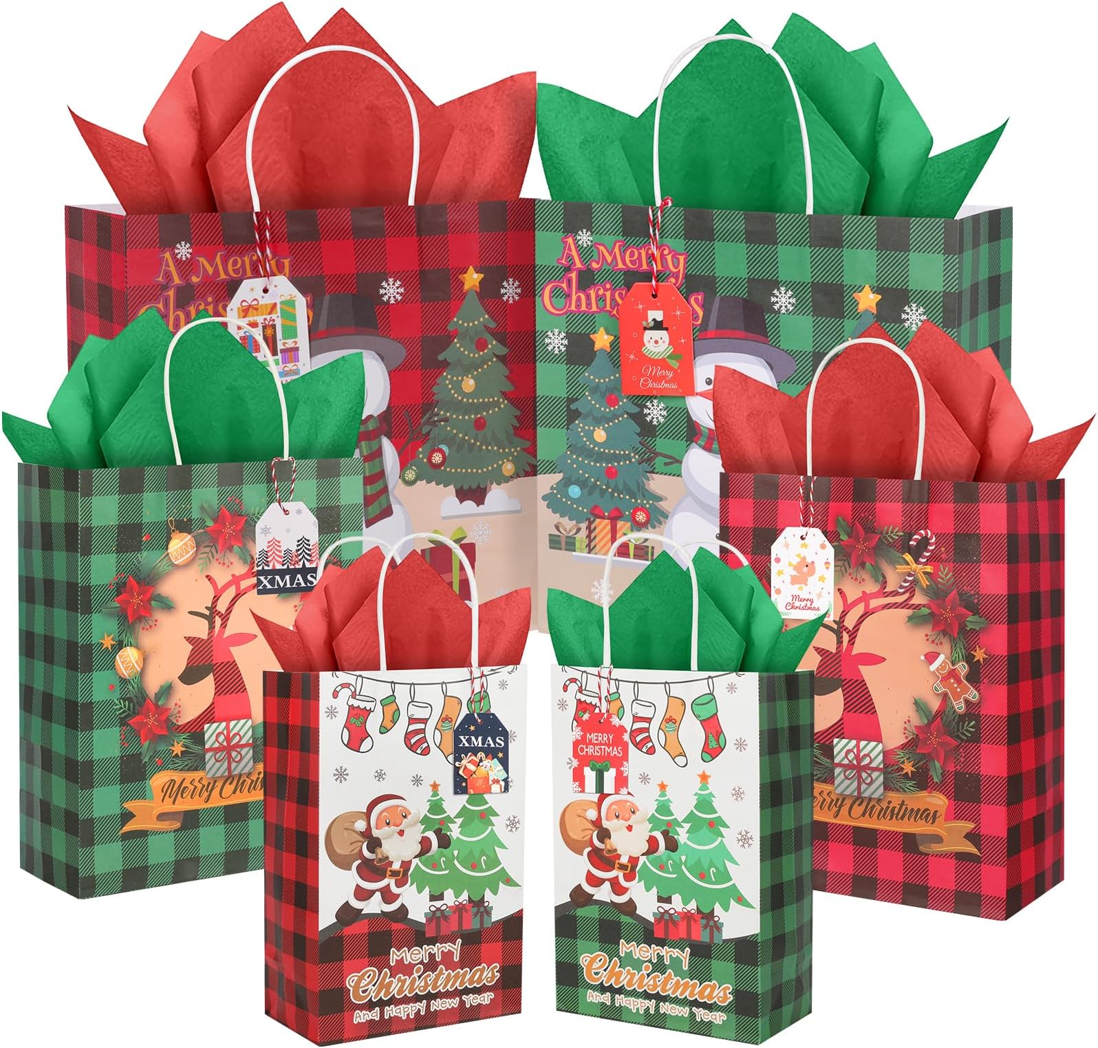 IDEATECH24 Christmas Gift Bags, Including 6 Large 6 Medium and 12 Small Paper Bags with Handles, Reusable Christmas Gift Bags with DIY Labels and Coloured Paper