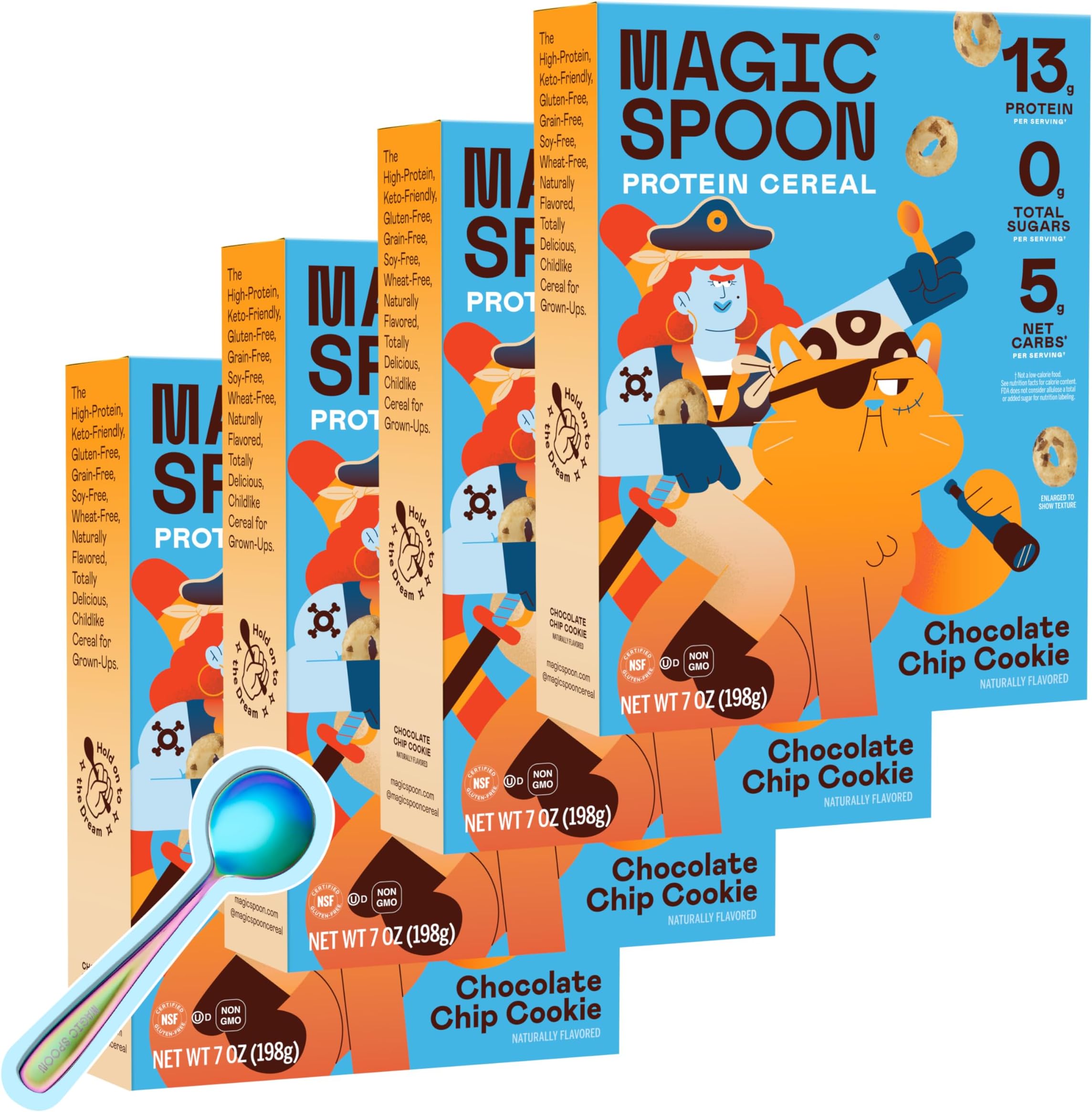 Magic Spoon Cereal - High Protein Cereals - Sugar Free Snacks & Breakfast Food - Grain & Gluten Free Cereal - Healthy Snacks for Kids & Adults - Low Carb & Keto Friendly - 4 Pack, Chocolate Chip