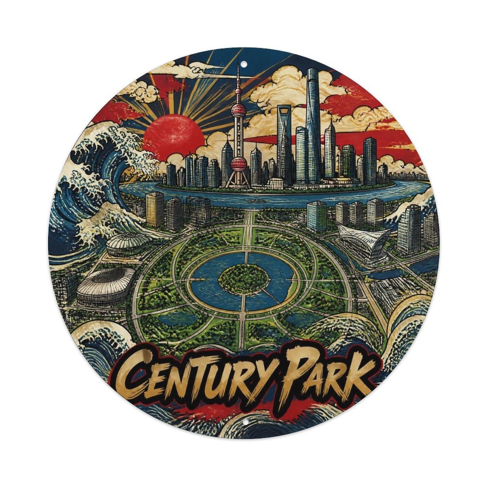 Okngb Style Century Park Shanghai Collage Travel Collector Badge Metal Tin Sign Plaque Wall Decor For Cafe, Man Cave, Club Bar, Office, Home Garden Round Metal Poster 8X8inch
