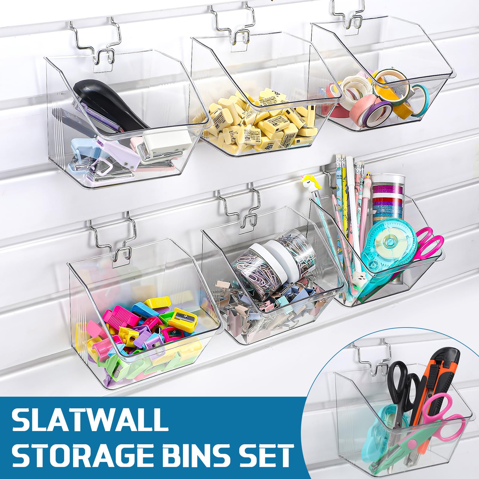 Layhit 6 Set Slatwall Bins Clear Plastic Bins with Slatwall Metal Hooks Mount Hanging Slatwall Containers Storage Organizer Slat Wall Accessories for Craft Garage Tool Storage Room Panel
