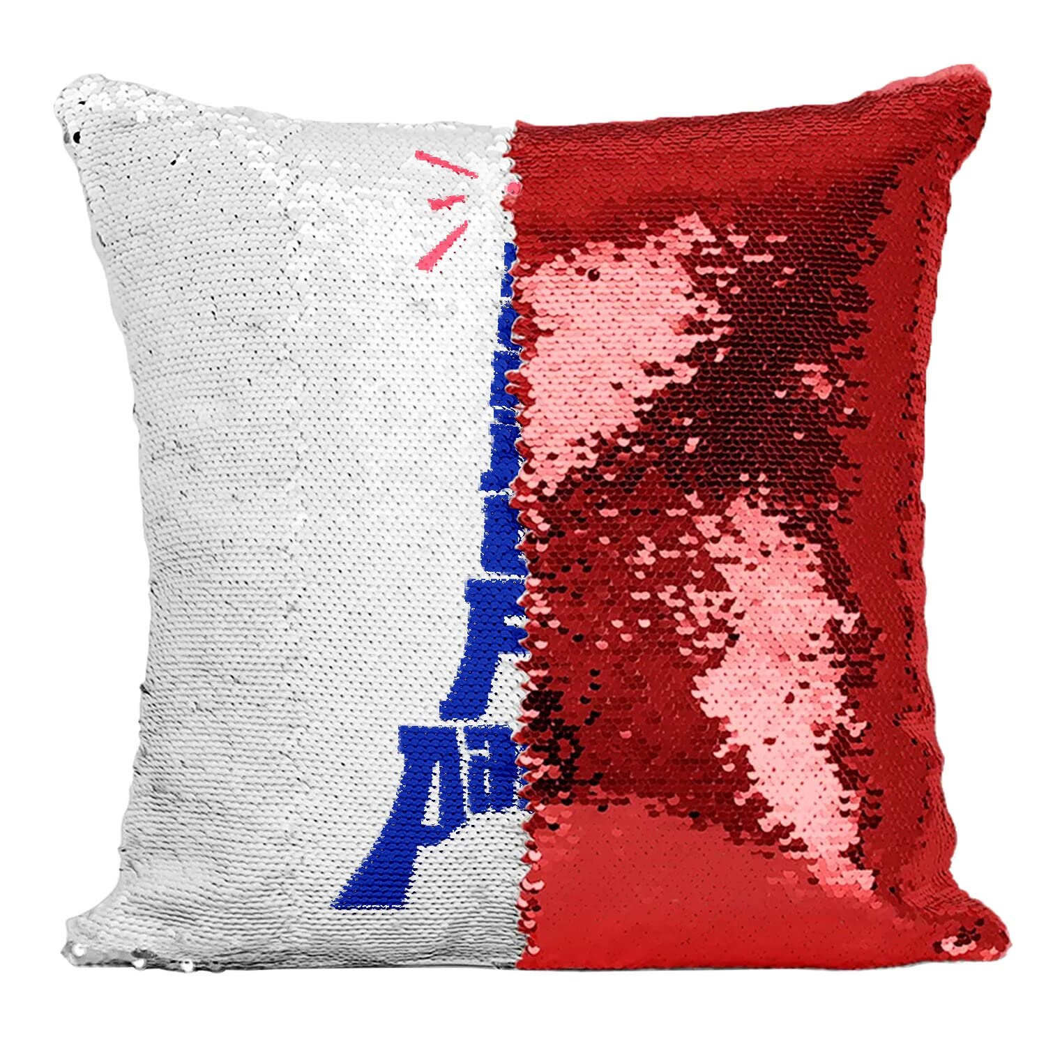 Coussin sequin rouge Bonjour Paris Tour Eiffel pour décoration de voyage