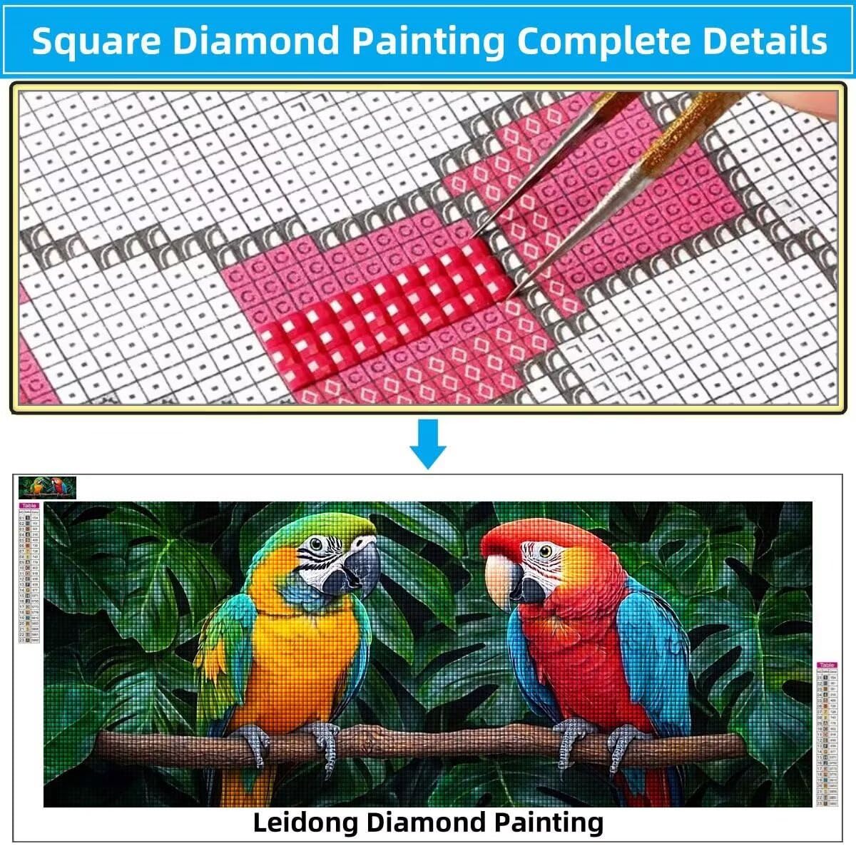 LeiDong Diamond Painting Erwachsene,5D Papagei,Tierdinge Diamant Painting Bilder für Kinder,DIY Diamant Kristall Strass Mosaik Kreuzstich Bastelset für Schlafzimmer Zuhause Dekor (70x200cm) 55F-14531