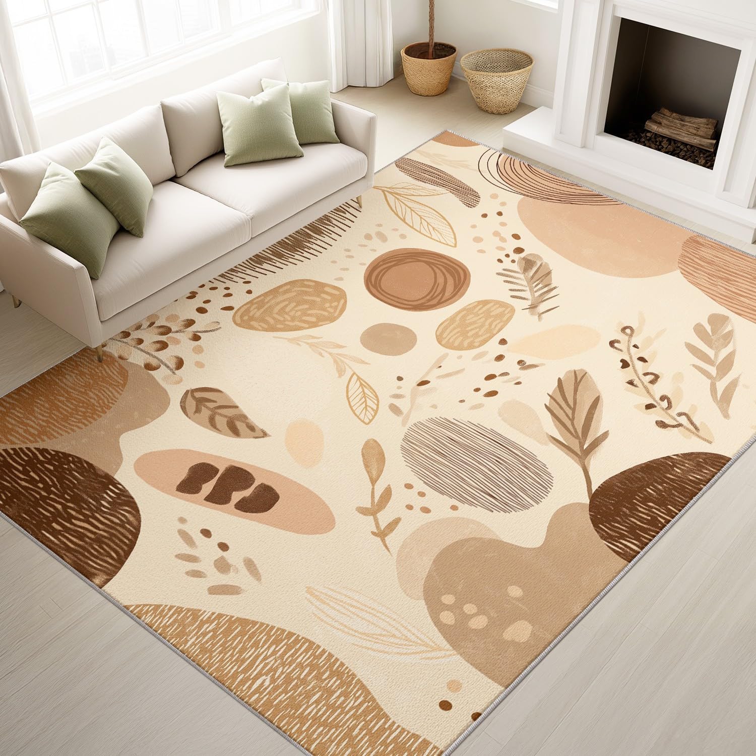 Minimalistyczny miękki naturalny nordycki abstrakcyjny nadruk kropki liście można prać w pralce miękki w dotyku 140 x 200 cm trwały dywan do salonu biura beżowy brązowy mata antypoślizgowa