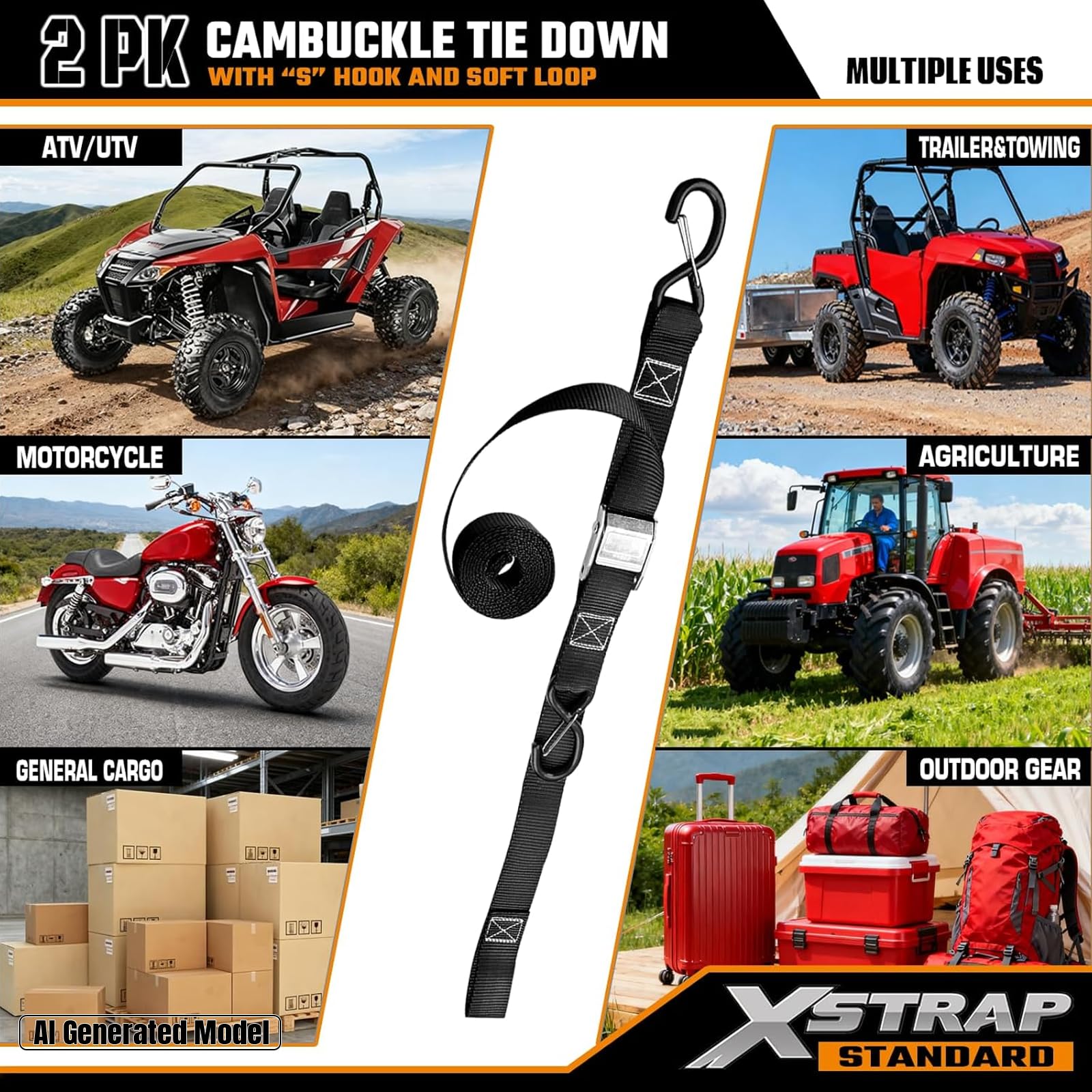 XSTRAP Paski do mocowania motocyklowego (2 szt.) wytrzymałość na rozerwanie 1,4 kg, zestaw do wiązania klamry krzyżowej z haczykiem w kształcie litery S i miękkimi pętelkami, czarne