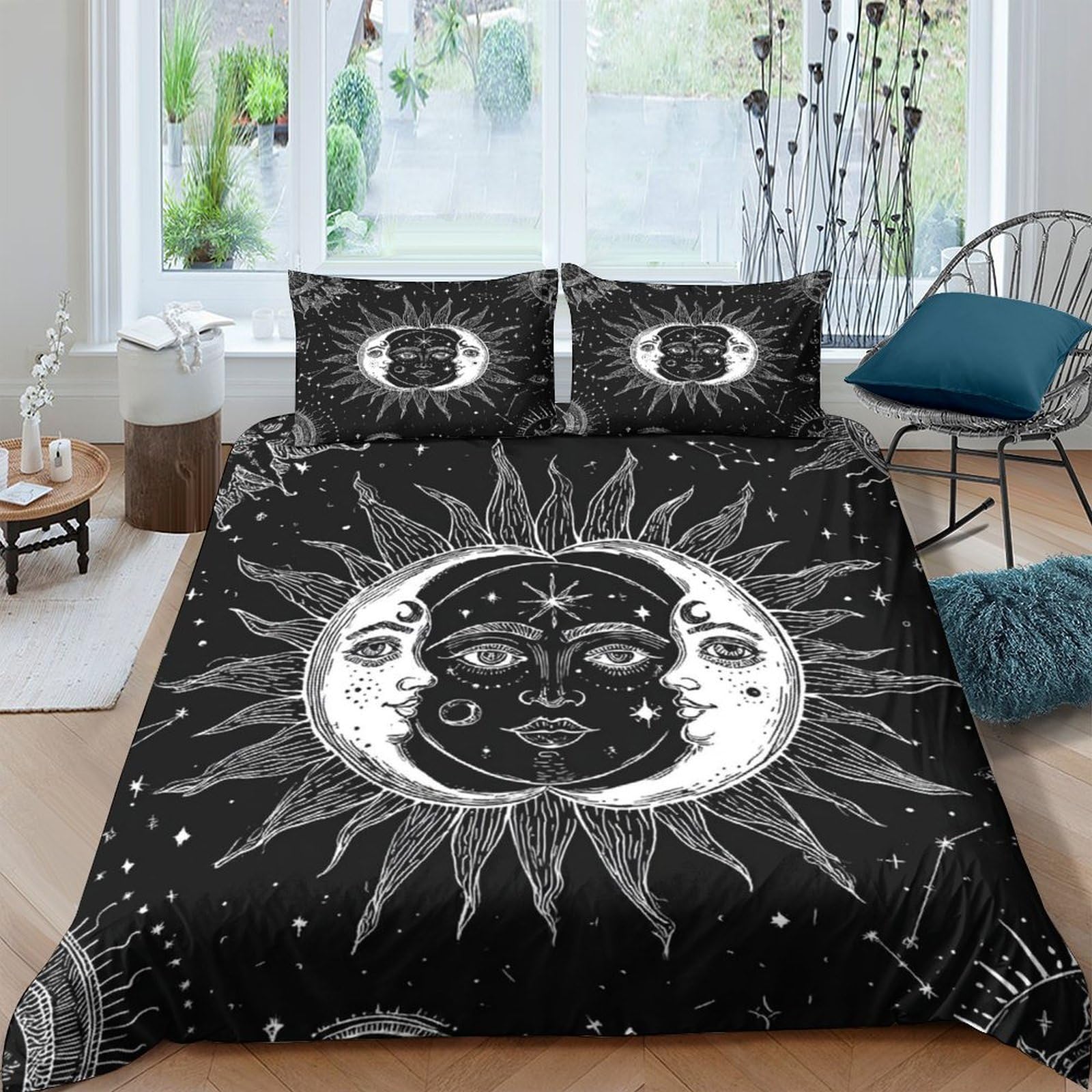 Ctjqhvkz Style-5 3D Printed Sun Moon Fitted Sheet Microfiber Black Celestial Face Mattress Cover Bedroom Dorm Protection Decorative Single（135X200cm）