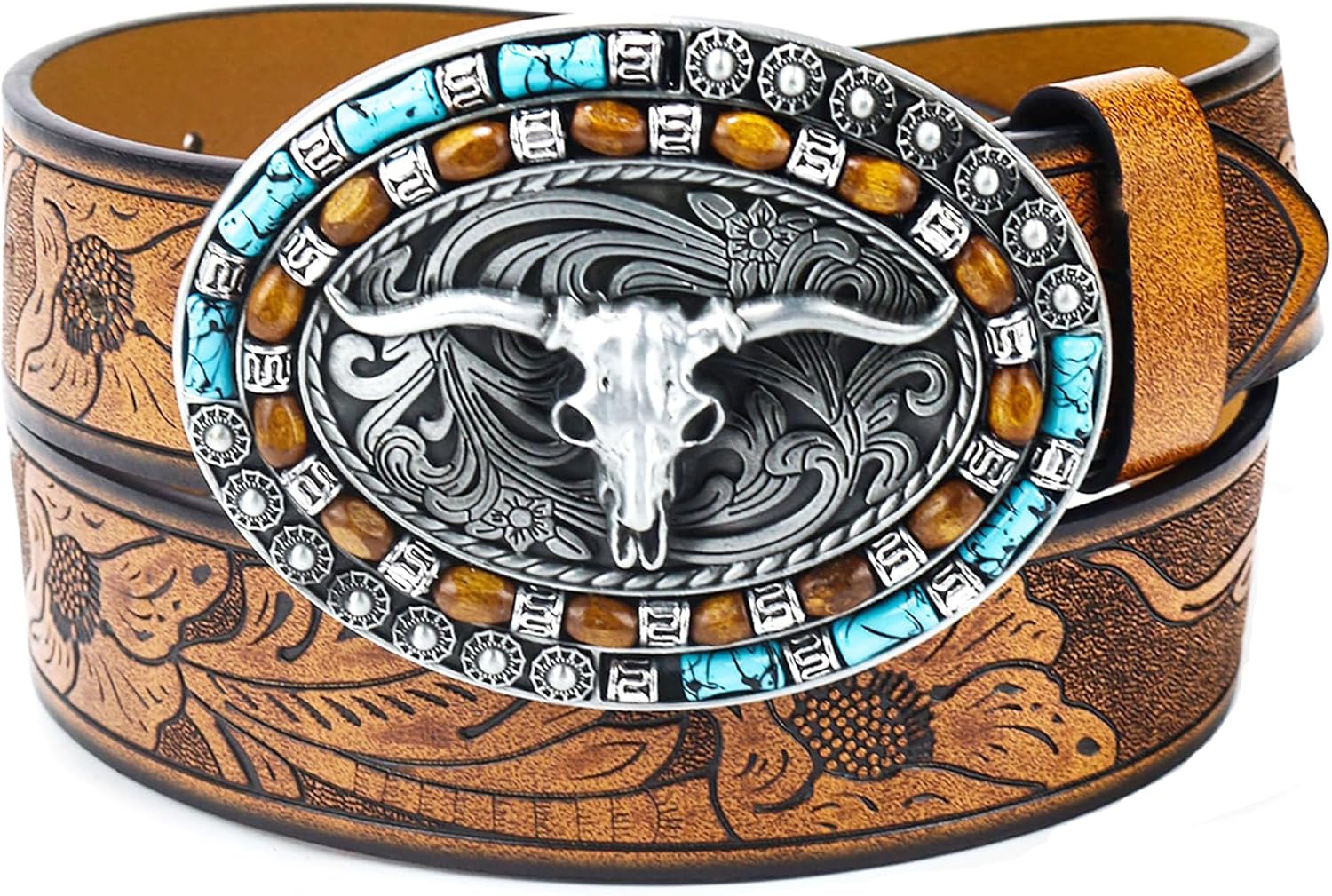 Women Western Cowboy Belt – PU Leather Longhorn Bull Turquoise Embossed Buckle Belt for Jeans Pants Dresses