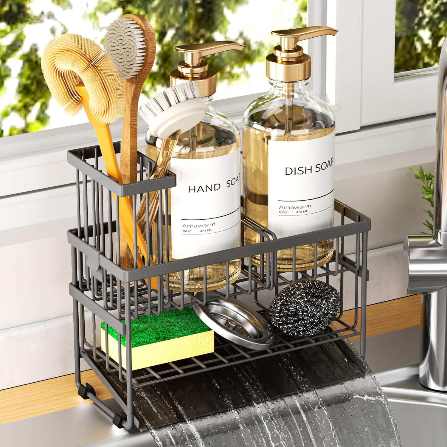 Sponge Holder for Kitchen Sink, 2 Tier Sink Caddy Organizer with High Brush Holder, Self-Draining Sponge Holder for Sinks, Soap Dispenser Organizer, Rustproof 304 Stainless Steel, Gray Sponge Holder Gray