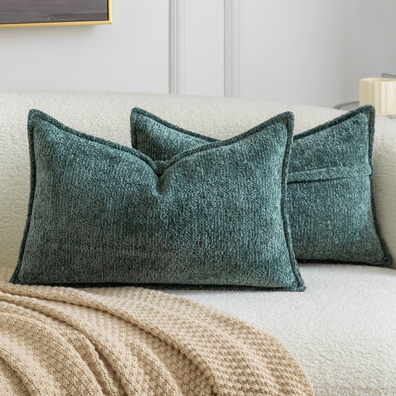 Madizz Pack of 2 Decorative Cushion Covers Boho Soft Textured Chenille Throw Pillows Solid Pillow Covers for Couch Sofa Bedroom Living Room 30x50 CM, Turquoise