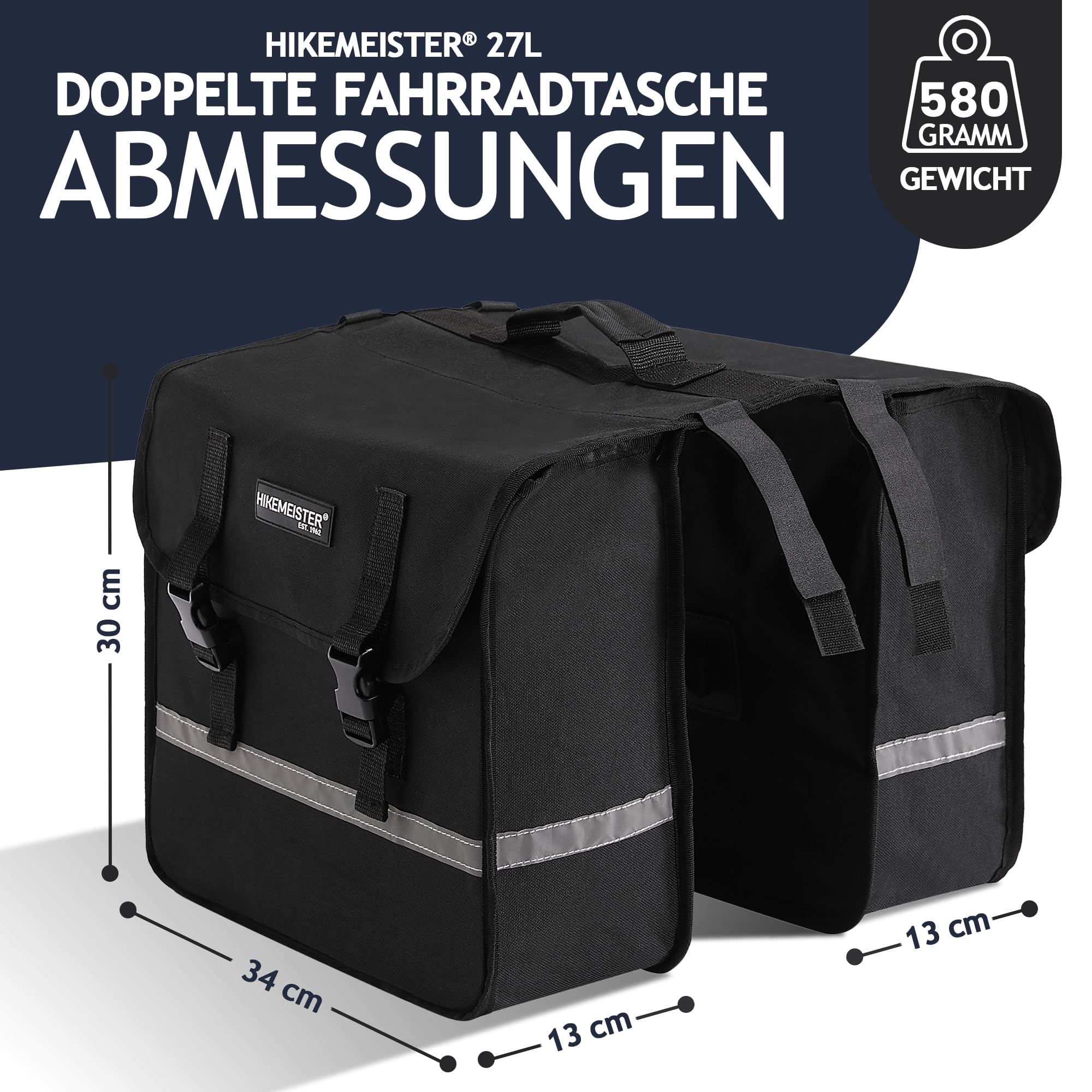 HikeMeister® Dubbele fietstas voor bagagedrager, dubbele tas, bagagedragertas, waterdicht, achterwieltas, waterafstotend, reflecterende strepen, Paris