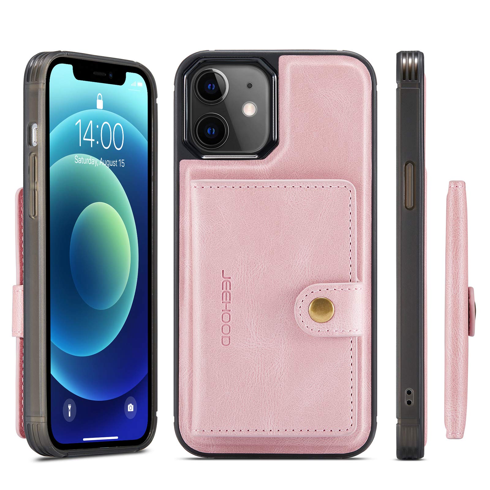 Phone Wallet Shell for iPhone 12 Mini Rose Holder with 4 Card Slots 2 Cash Pockets Detachable Slim Cover,5.4inch Wireless Charging Support All-Around Shockproof Gift for Girls Boys