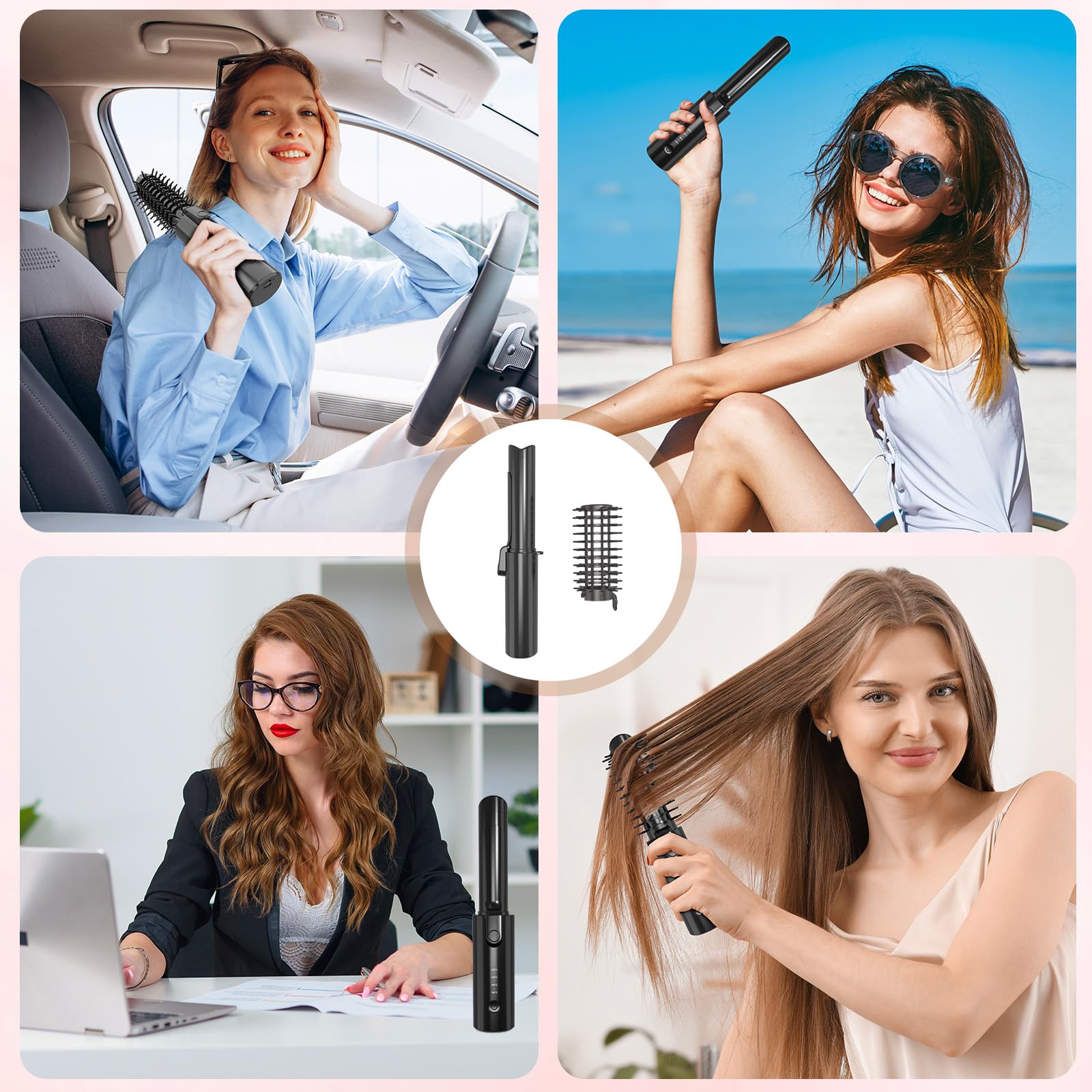 Kabellose Lockenstabbürste, Tragbare Reise Lockenstab, 6800 mAh USB-aufladbare Mini Lockenbürste Stylingbürsten mit Negativen Ionen, 4 Stufig Regelbare Temperatur 160-220℃(Schwarz)
